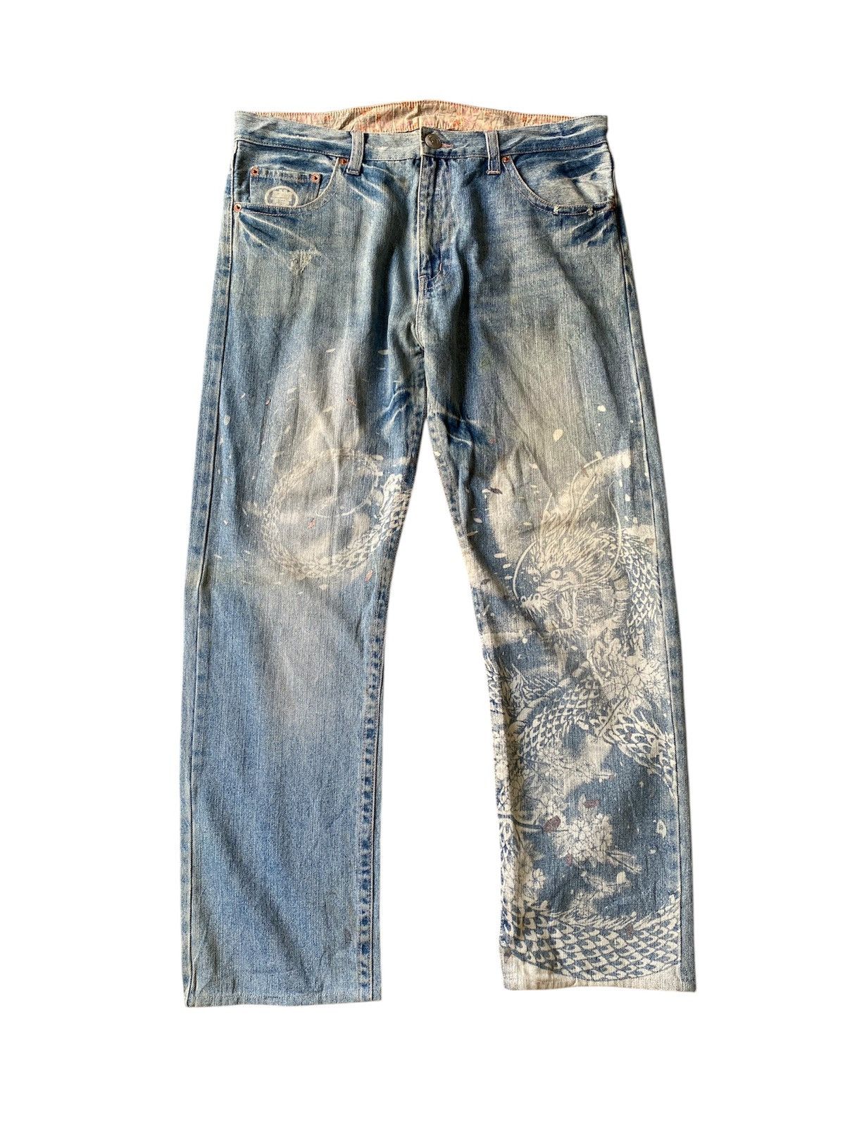 Japanese Brand Japanese Traditional Design Dragons Print Blue Faded Denim Size US 35 - 1 Thumbnail