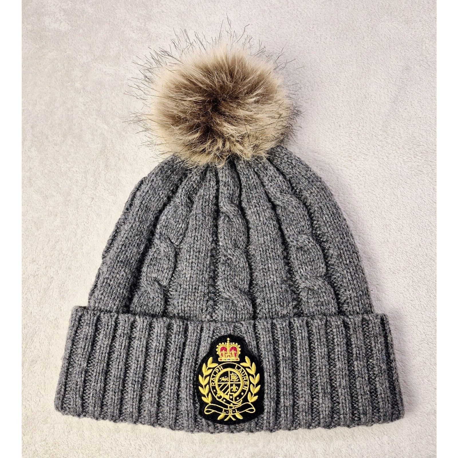 Lauren Ralph Lauren Ralph Lauren Knit Pom Beanie Logo Crest Cuff Hat Gray OSFM Size ONE SIZE - 1 Thumbnail