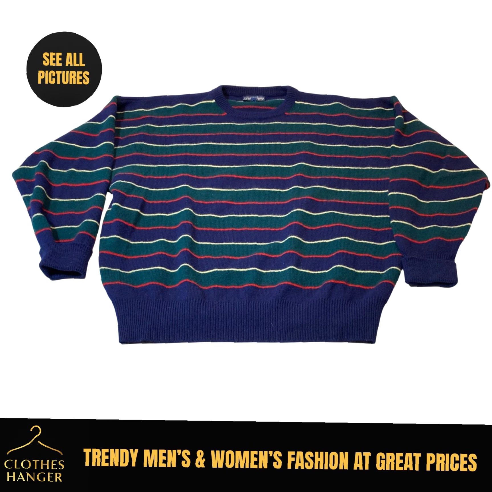 Lands' End VINTAGE Lands End Mens XL Blue Striped Geelong Lambswool Sweater Made Great Britain 7566 Size US XL / EU 56 / 4 - 2 Thumbnail
