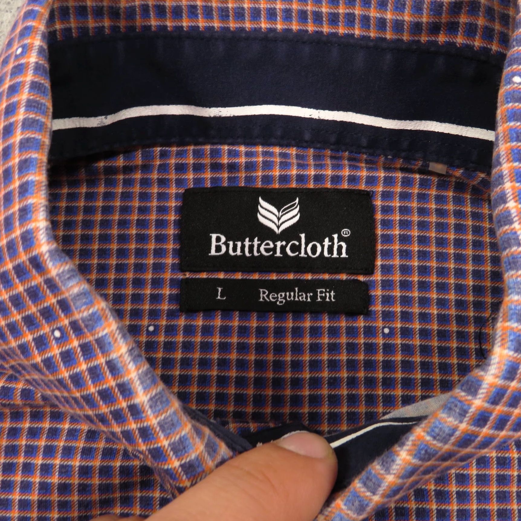 Buttero Butter Cloth Shirt Men Large Regular Fit Blue Orange Plaid Gingham Check Stretch - Button-Up Shirt, Casual, Formal, Workwear, 90s? Size US L / EU 52-54 / 3 - 4 Thumbnail
