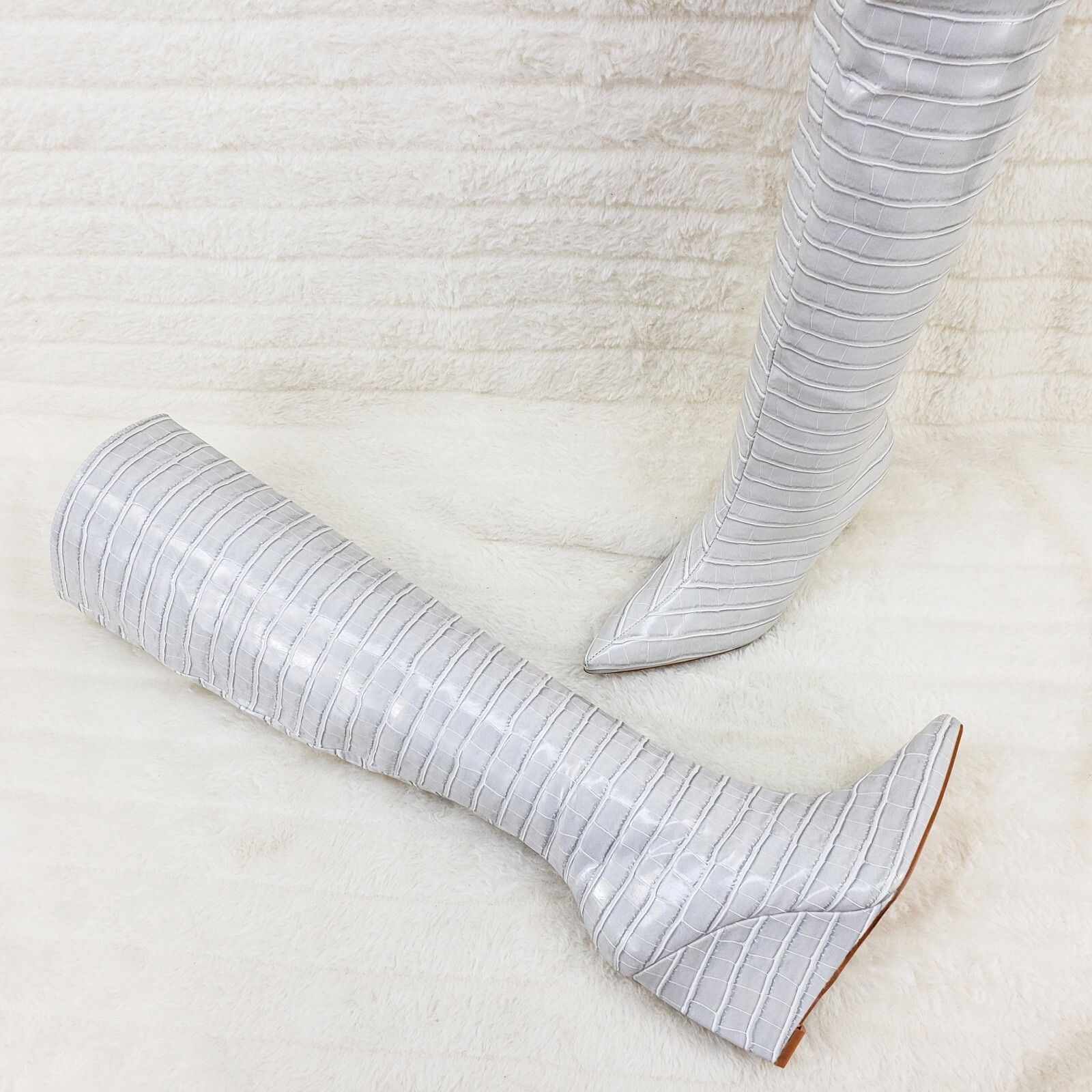 Other Ice White / Grey Reptile Texture Knee High Wedge Heel Boots Size US 10 / IT 40 - 1 Thumbnail