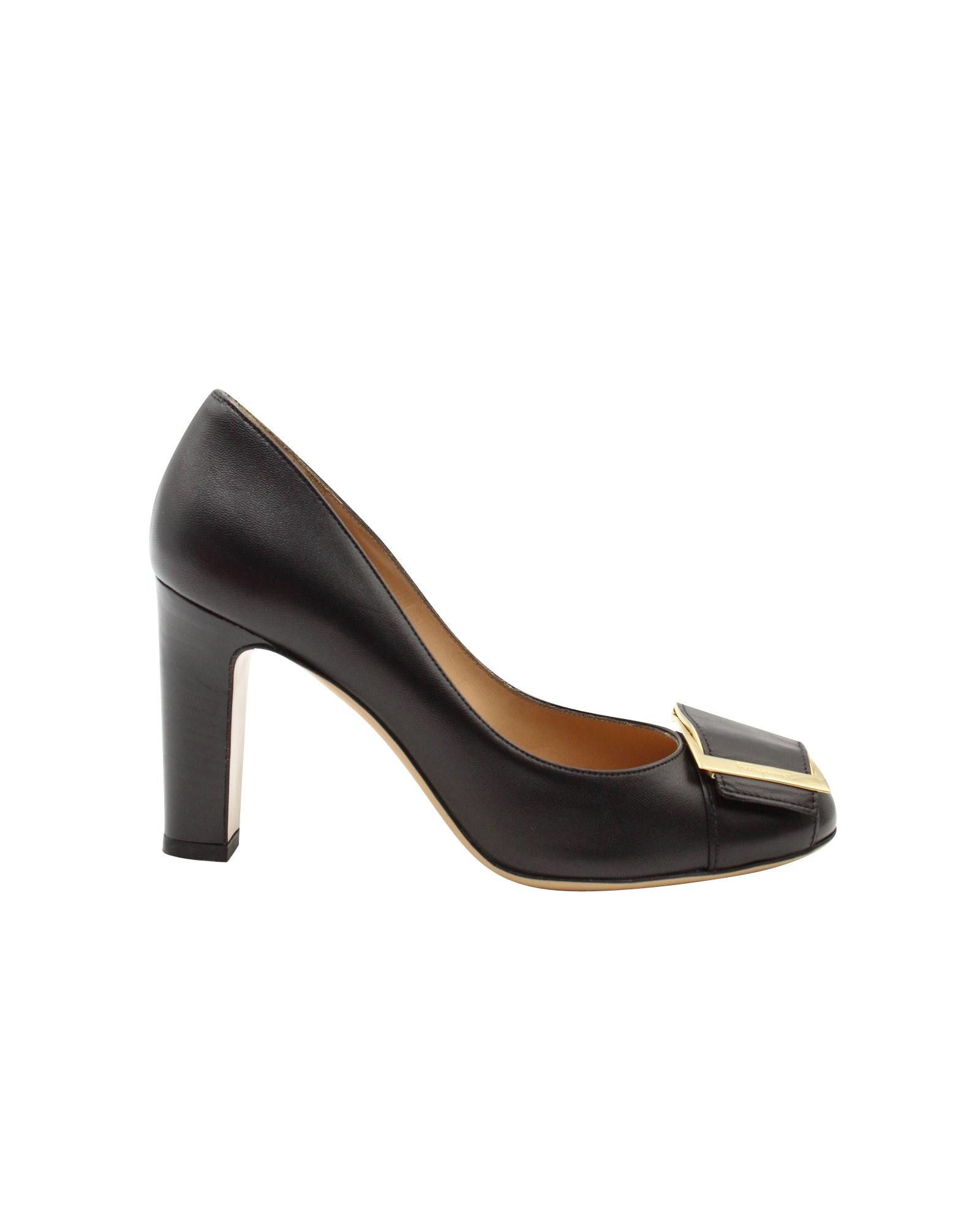 image of Salvatore Ferragamo Classic Black Leather Block Heel Shoes Pumps, Women's (Size 7)