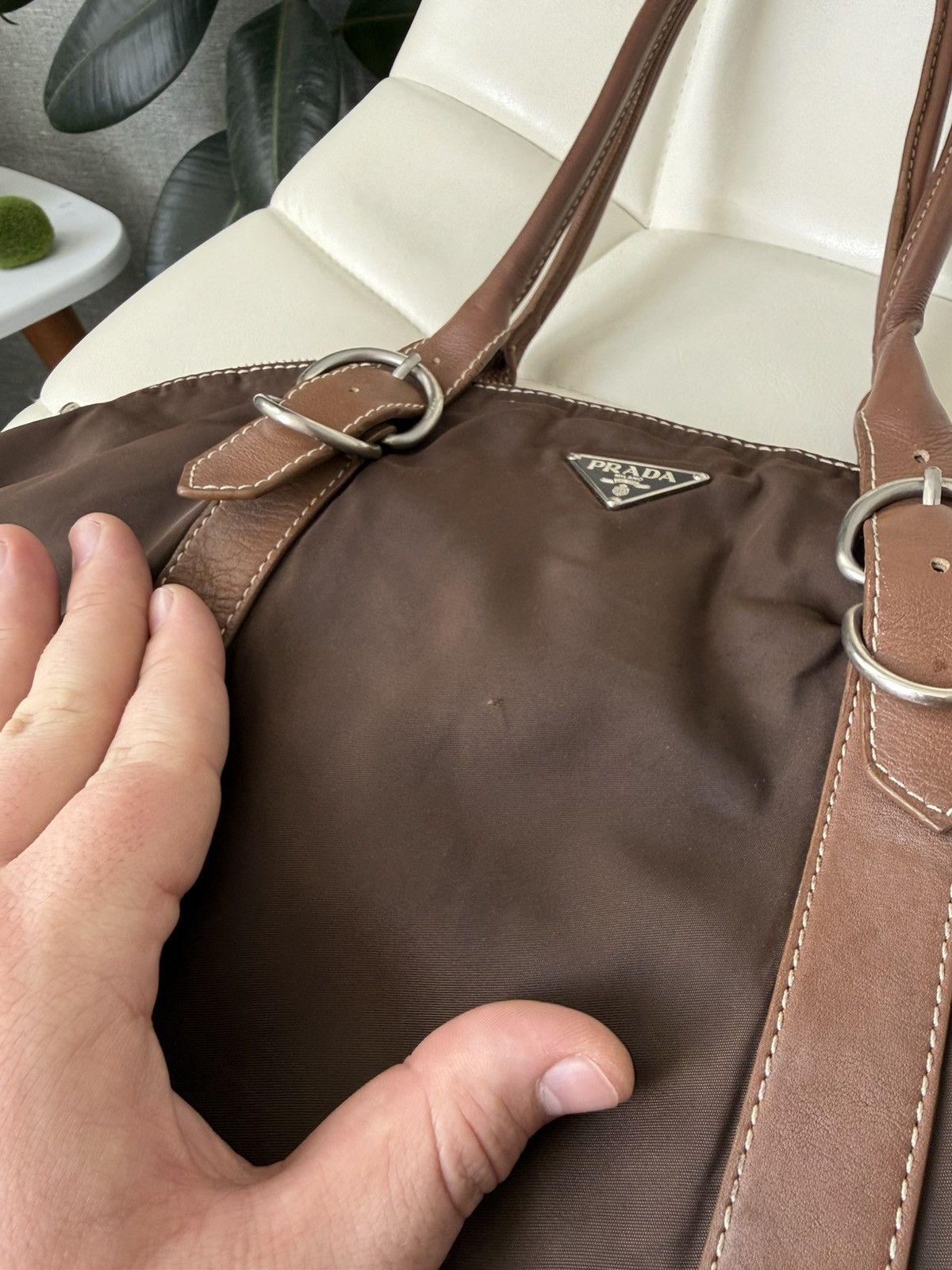 Prada Vintage 00s Prada Triangle Logo Nylon & Leather Brown Bag Size ONE SIZE - 6 Thumbnail