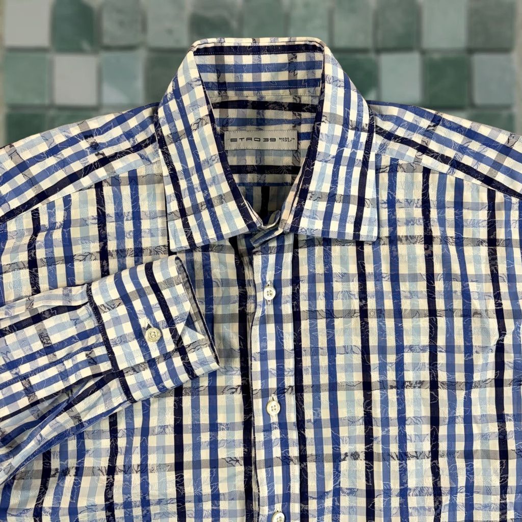 Etro ETRO Dress Shirt Men 39 Blue Plaid Floral Jacquard Made Italy Designer NWOT Size 40R - 1 Thumbnail