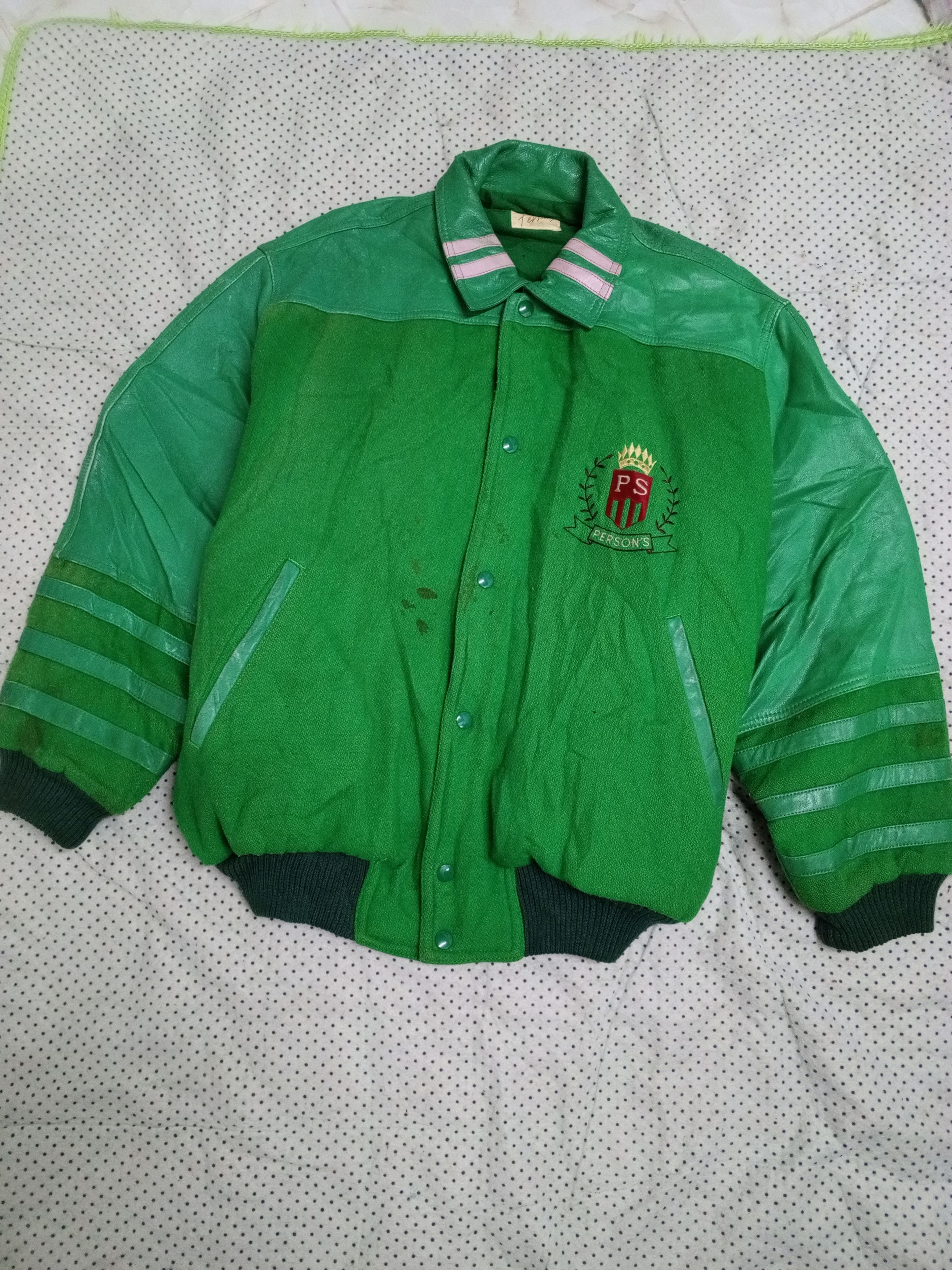 PERSONS Vintage Leather Sleeve Flag Spell Out Vrsity Jacket