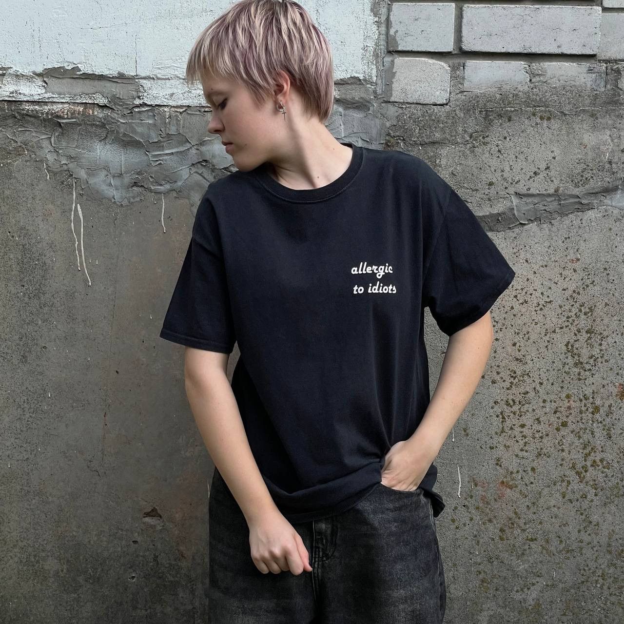 JOE CHIA Vintage Japanese Style Humor T-shirts Allergic to Idiots Y2K Size US L / EU 52-54 / 3 - 1 Thumbnail