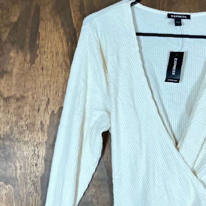 Express Express Sweater Women Cream Deep V Wrap Tie Waist Long Sleeve Knit Stretch L Size L / US 10 / IT 46 - 4 Thumbnail