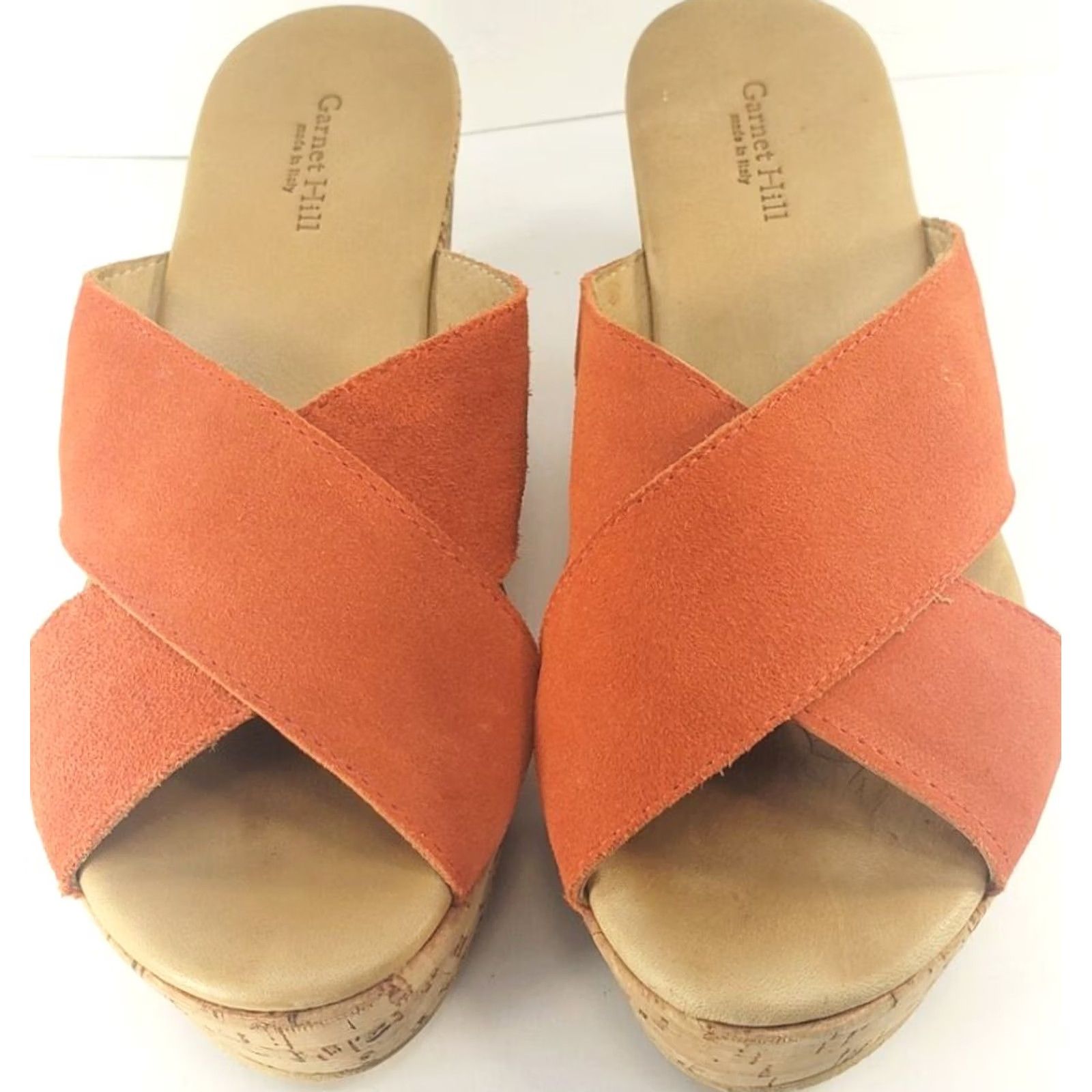 Vintage Garnet Hill Orange Canvas Cork Wedge Sandals 9M Leather Insoles Slip On Women Size US 9 / IT 39 - 3 Thumbnail