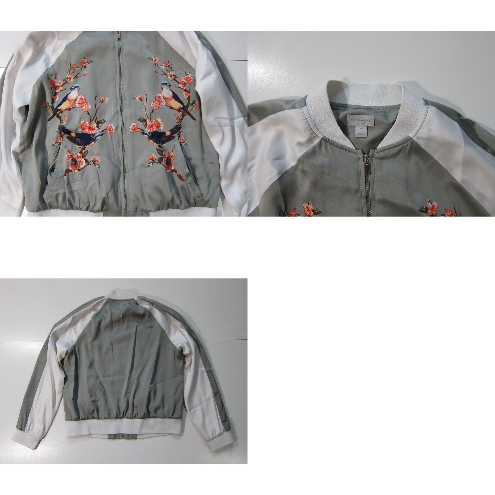 Vintage Belle Sky Jacket Women M Floral Bird Zip Satin Grey White Pink Windbreaker Track Coat Size M / US 6-8 / IT 42-44 - 8 Thumbnail