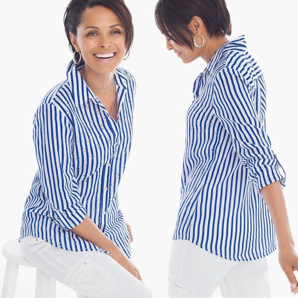 CHICO’S popular Blue & White Striped Button Up Blouse Size 1