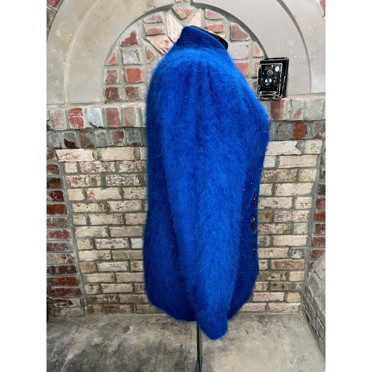 Vintage sweater coat fuzzy beaded sequin flower angora blue Size US XL / EU 56 / 4 - 8 Thumbnail