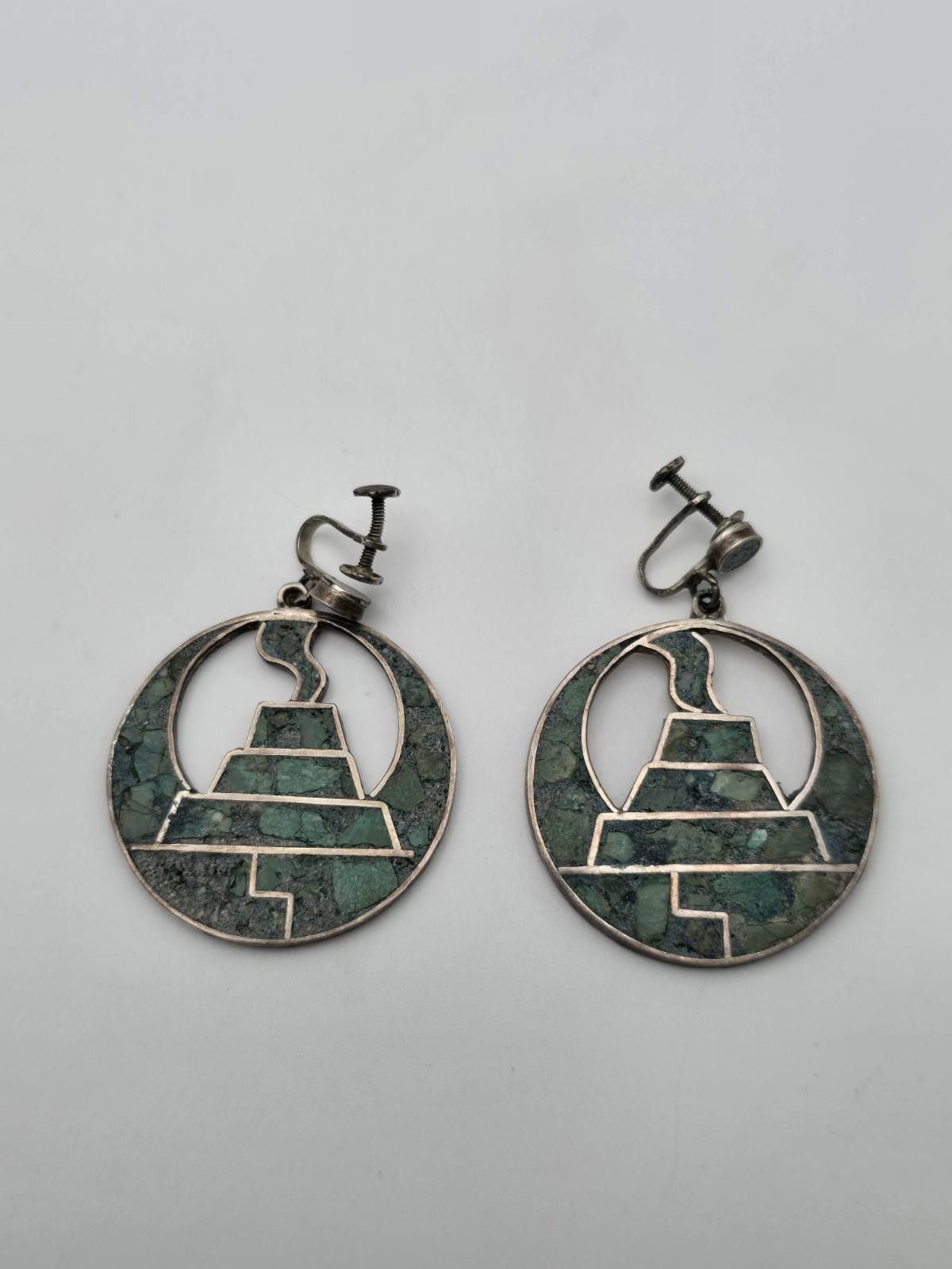 Medicom Toy Vintage Mexican Sterling Silver Earrings Green Stone Inlay Size ONE SIZE - 1 Thumbnail