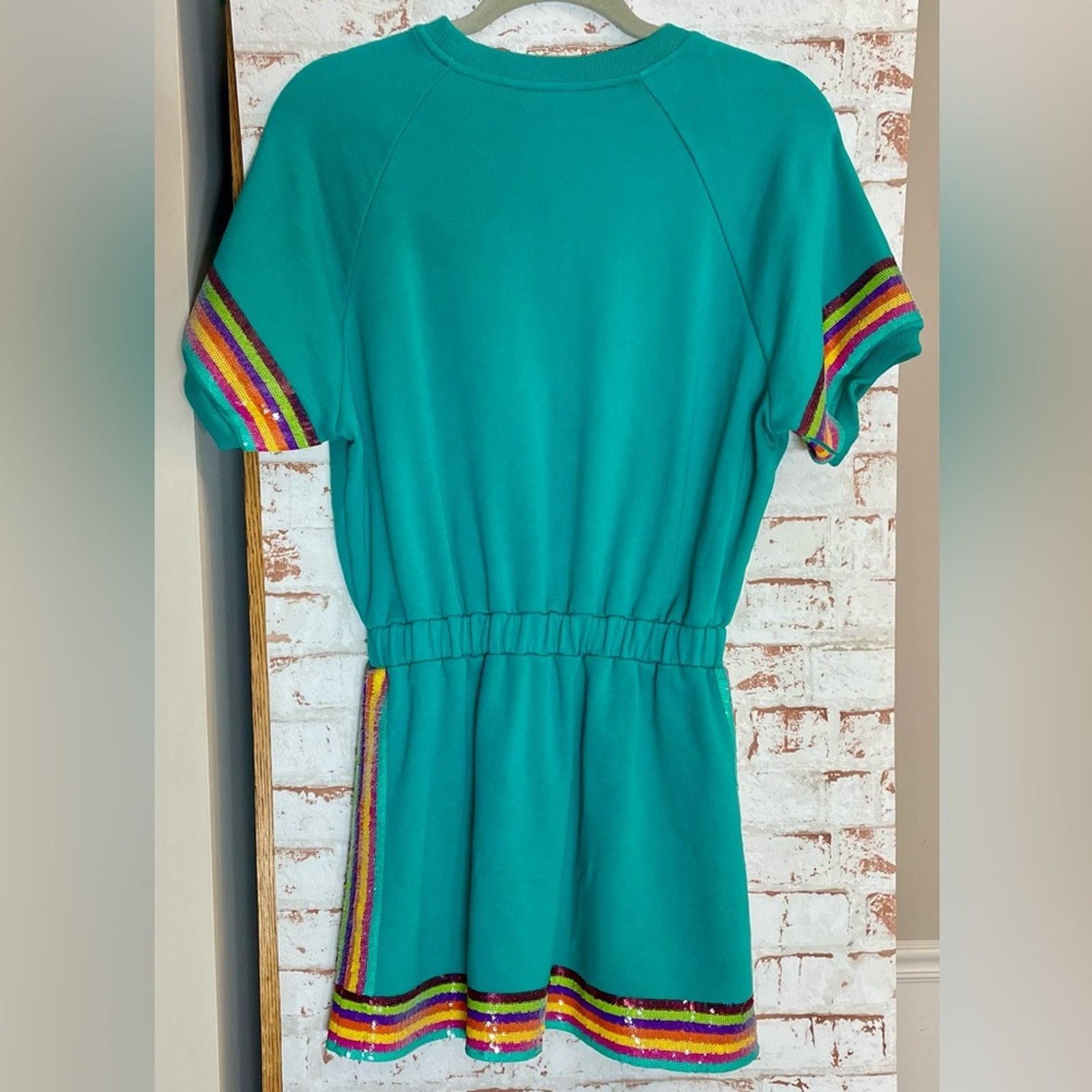 & Other Stories QUEEN OF SPARKLES Teal Mini Dress with Rainbow Stripes Size S / US 4 / IT 40 - 2 Thumbnail
