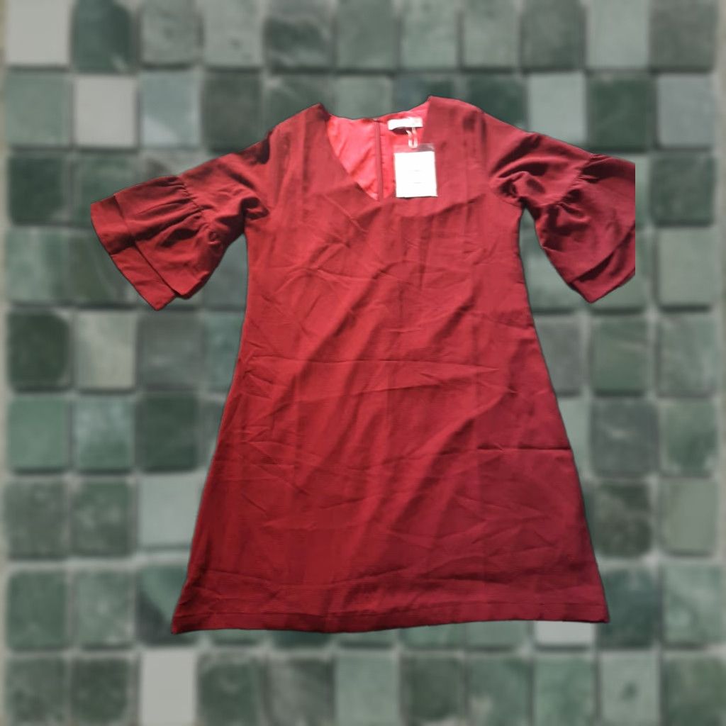Vintage BELONGSCI Women's Dress Red Short Sleeve M Medium Bell Sleeve Mini Chiffon Wine Red Short sleeve Dresses Womens 90s-style? Size 32" / US 10 / IT 46 - 1 Thumbnail