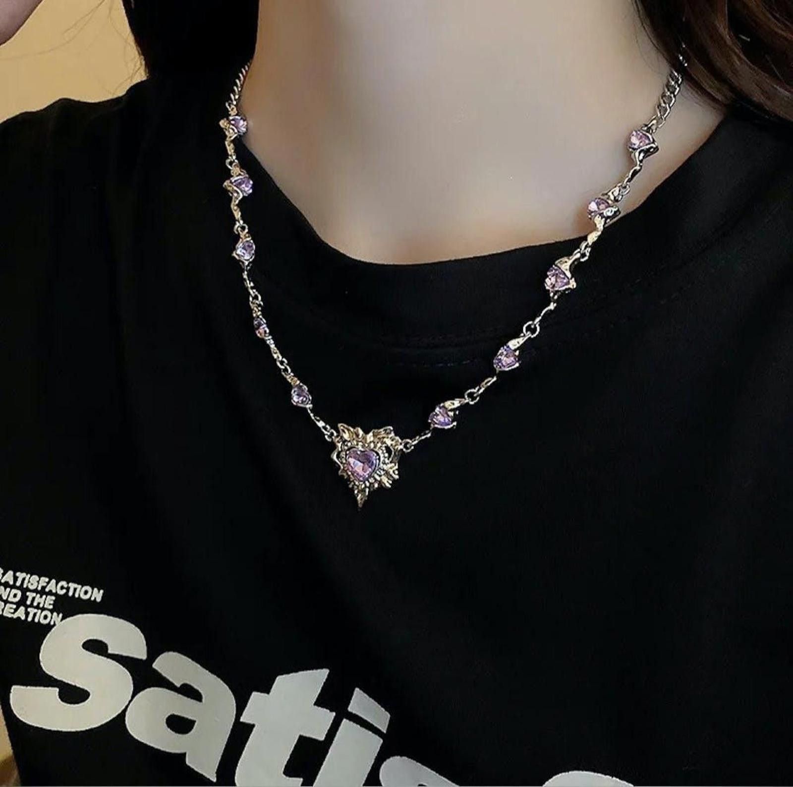 Jewelry Electro Chain Crystal Purple Heart Necklace Size ONE SIZE - 2 Thumbnail