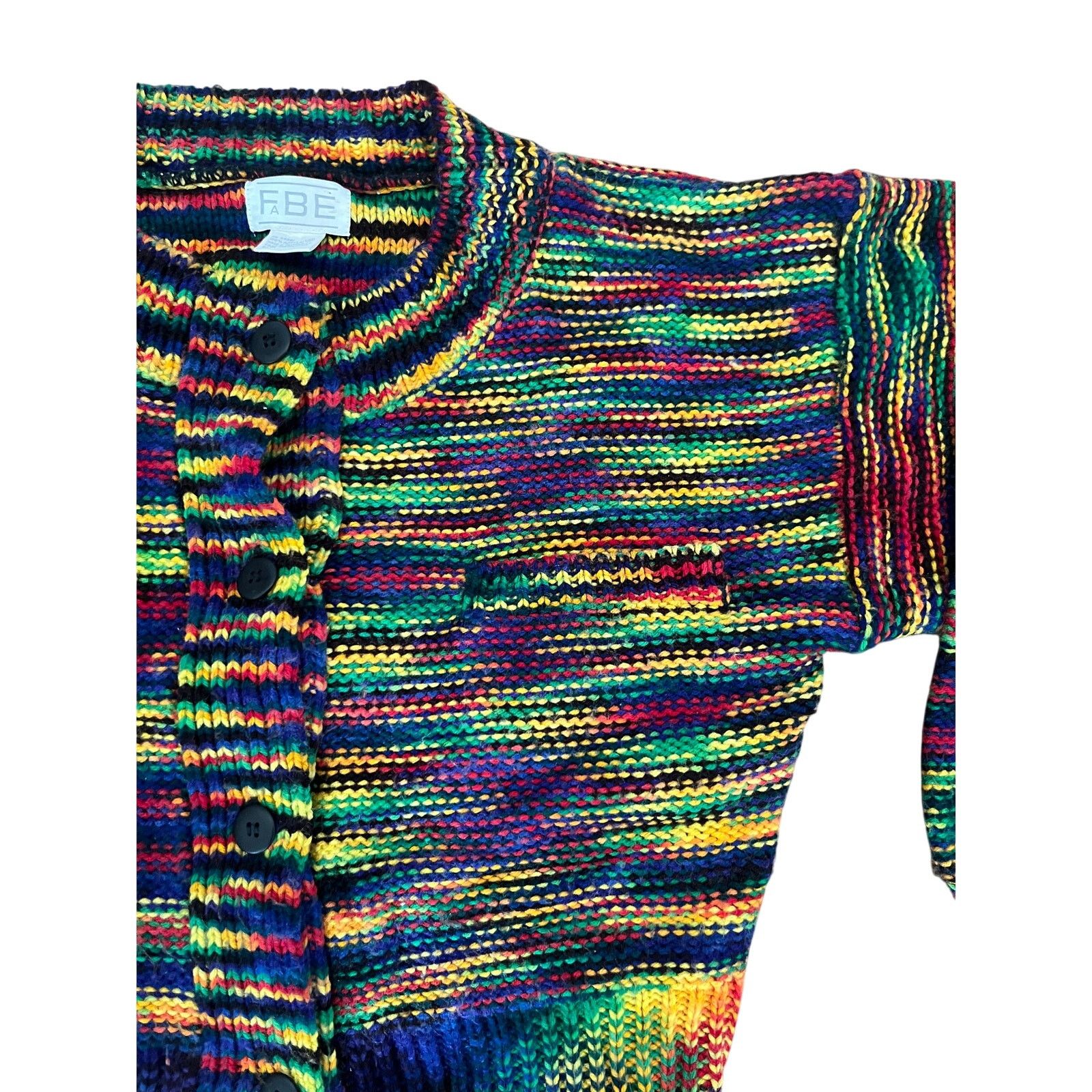 Other Vtg 90s FBE Rainbow Striped Chunky Knit Cardigan Cropped Size M / US 6-8 / IT 42-44 - 3 Thumbnail
