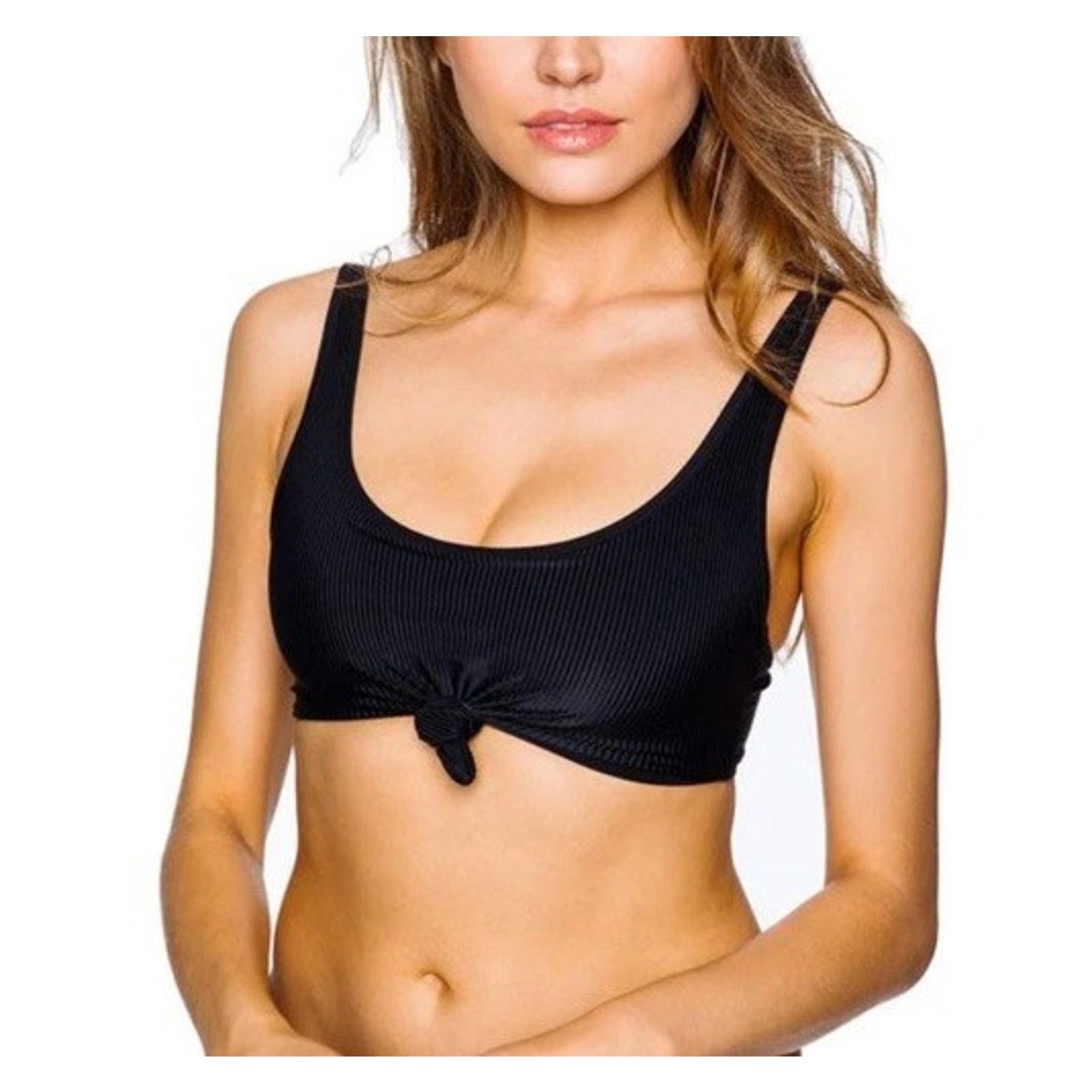 Other FRANKIES BIKINIS Black Ribbed Knotted Scoop Neck Greer Top Size ONE SIZE - 1 Thumbnail