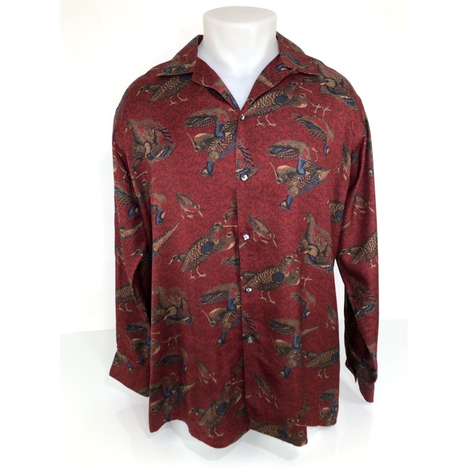 Neiman Marcus VINTAGE Neiman Marcus Shirt Men L Dark Red Duck Pheasant Birds ALL SILK LOOP COLLAR Button-Up Long Sleeve Size US L / EU 52-54 / 3 - 2 Thumbnail