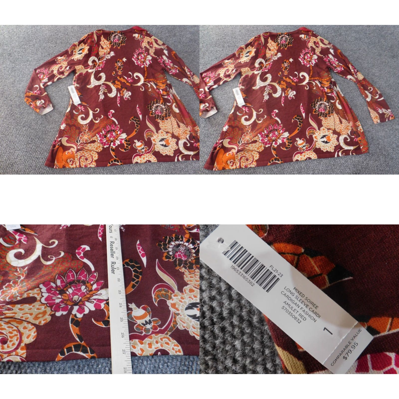 Vintage Chicos Cardigan Sweater Women Red Floral Crew Neck Long Sleeve Stretch Open Knit Regular Size 1 Modern Travel Size XS / US 0-2 / IT 36-38 - 8 Thumbnail