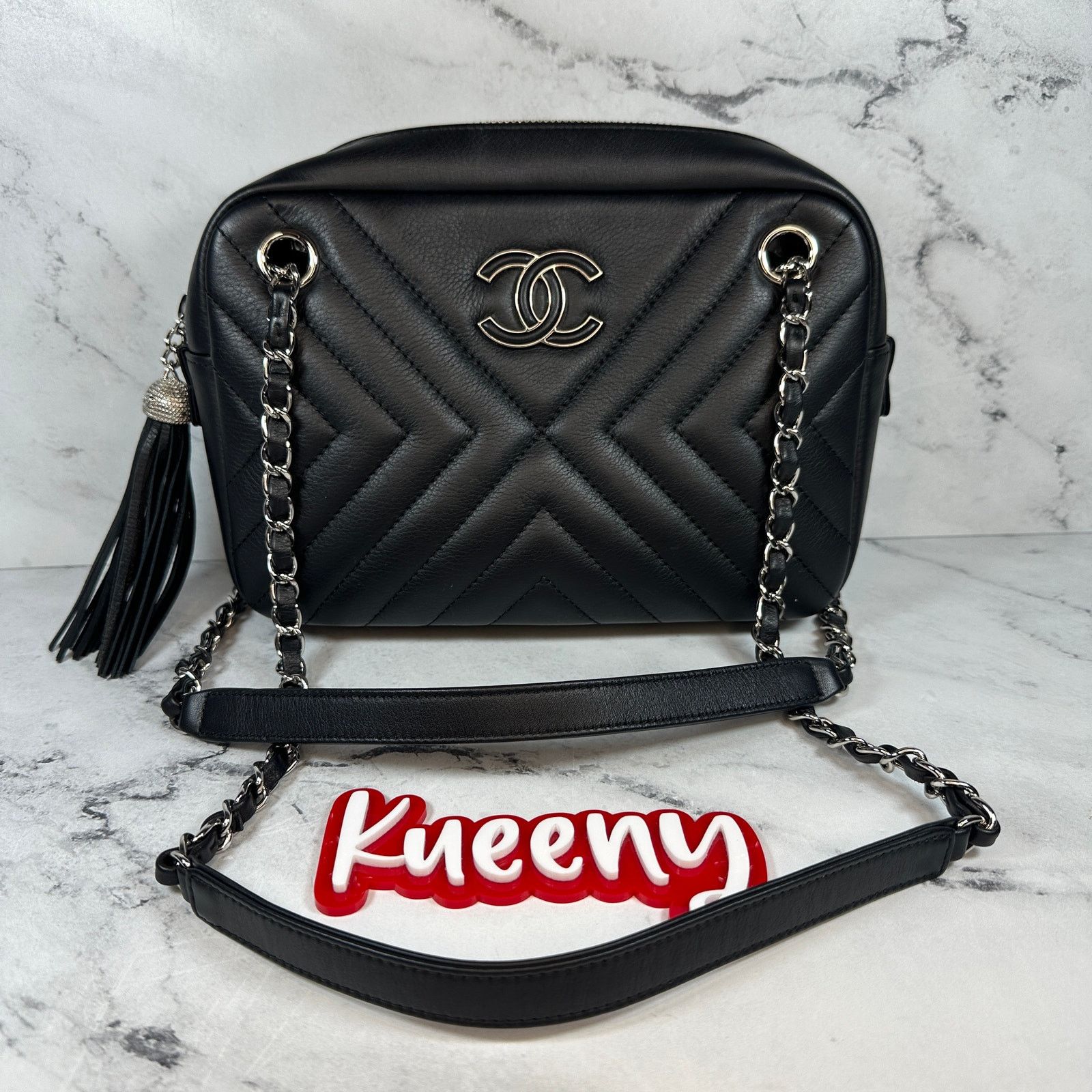 image of Chanel Chevron Camera Case Bag Cc Black Diagonal Shoulder, Women's