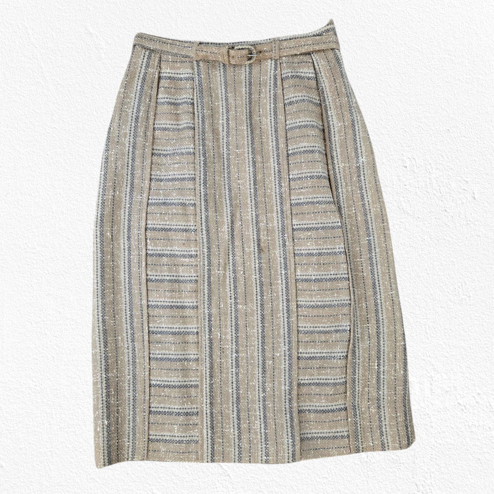 Vintage 1950s Beige Striped Tweed High Waisted Belted Skirt Size 2 Size 26" / US 2 / IT 38 - 2 Thumbnail