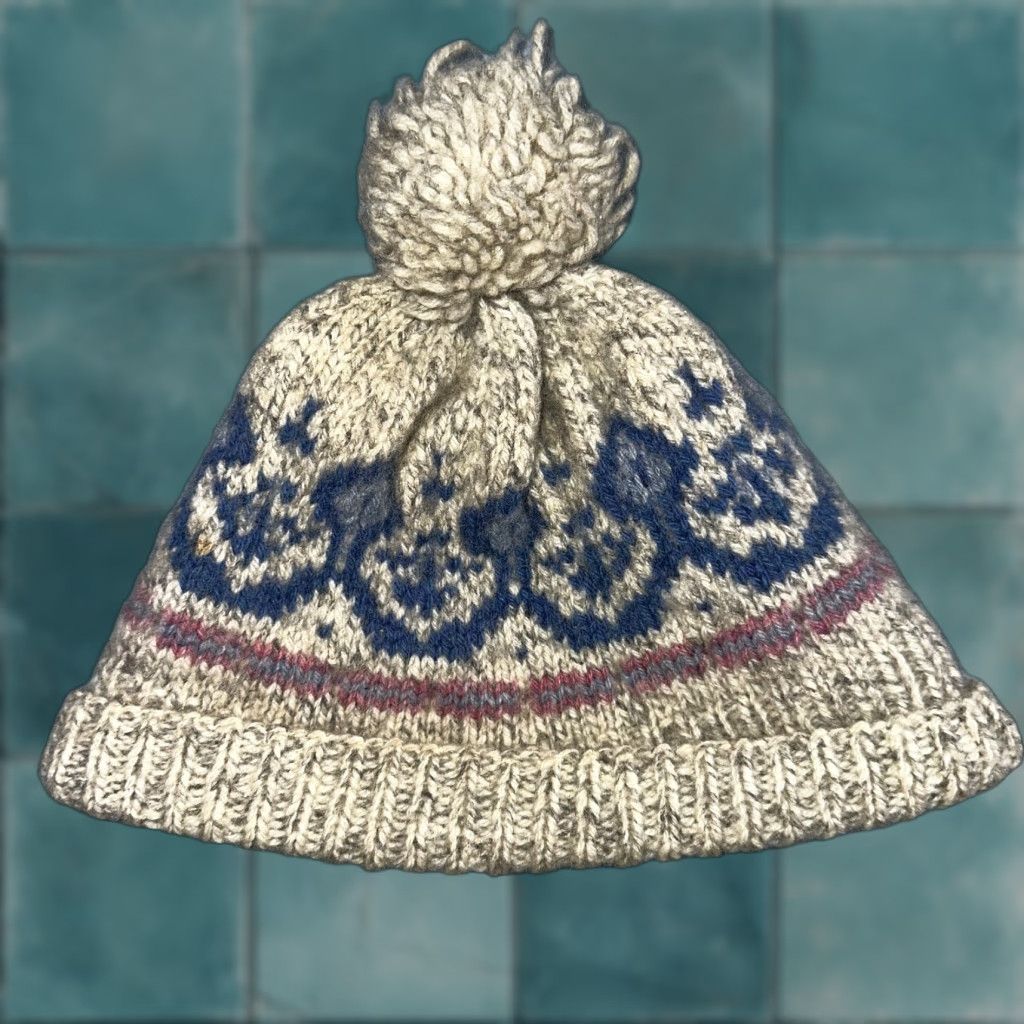 VINTAGE Danspin Denmark Wool Knit Hat Nordic Fair Isle Beanie Pom Winter Cap 70s Unisex Adults Blue Wool Knit Beanie Mens Womens Boys Girls