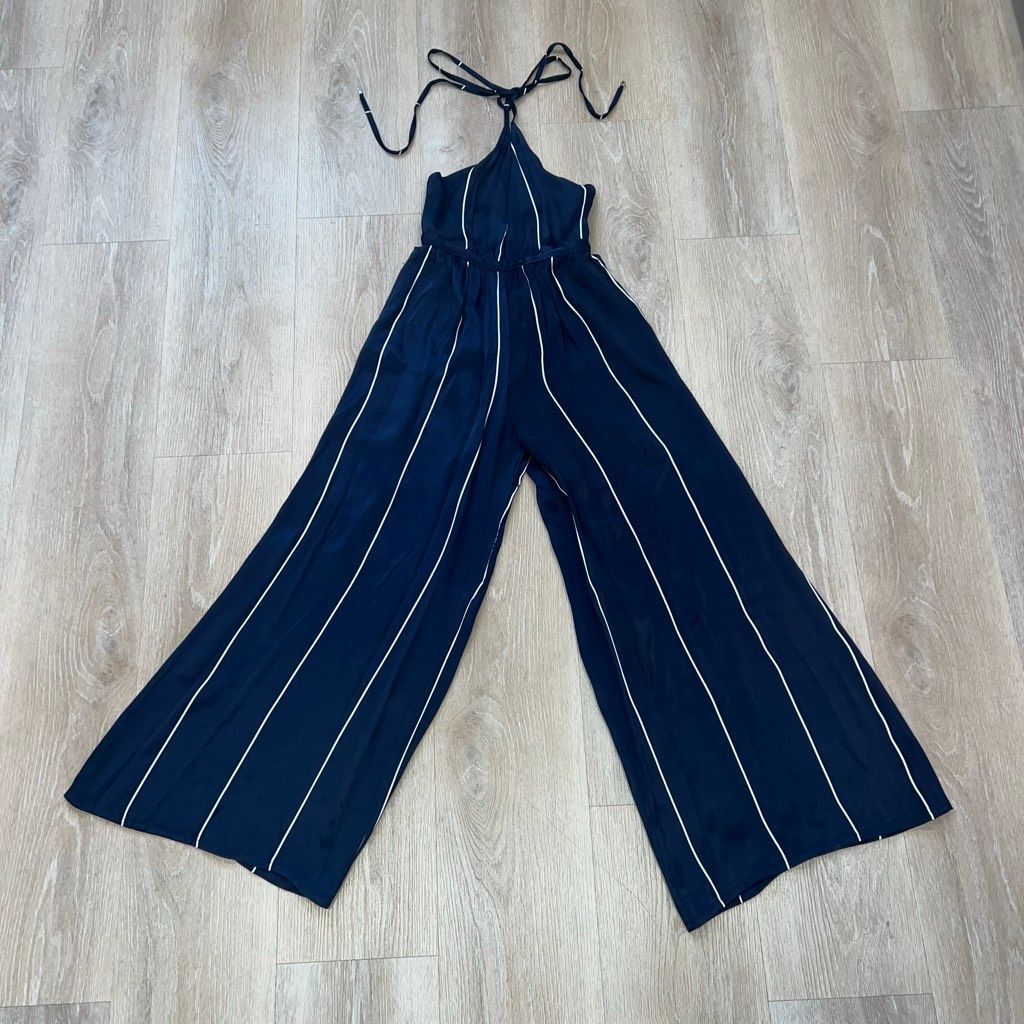 FAITHFULL Faithfull the Brand Riley Riptide Stripe Navy Silky Wide Leg Jumpsuit Women’s 2 Size 26" / US 2 / IT 38 - 15 Thumbnail