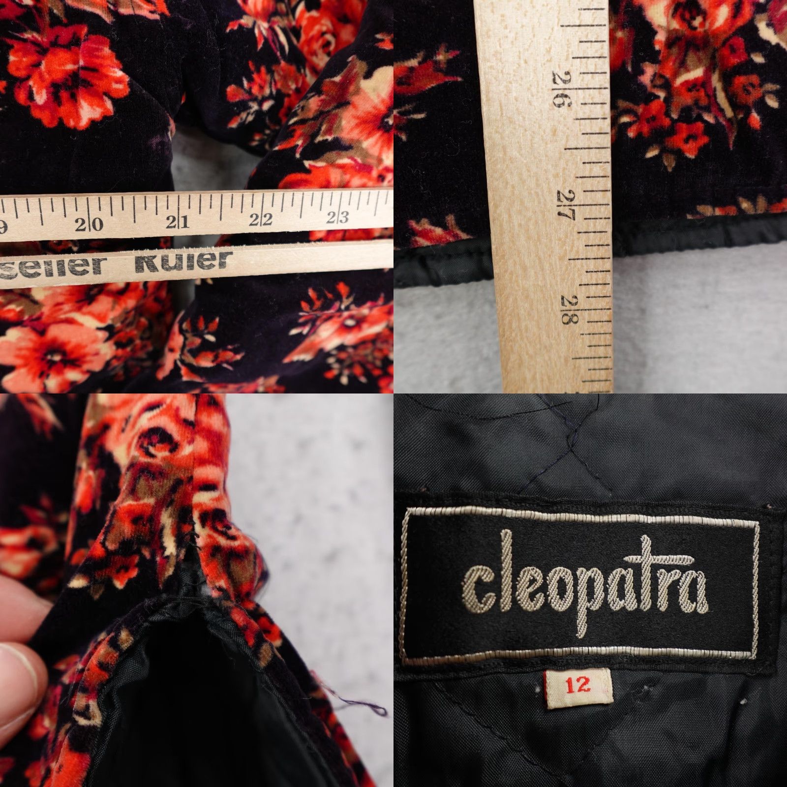 Velvet VINTAGE Cleopatra Jacket Womens 12 Black Red Floral Velvet Quilt Lined Toggle Coat Mid-Length Pockets - Womens Size XL / US 12-14 / IT 48-50 - 8 Thumbnail