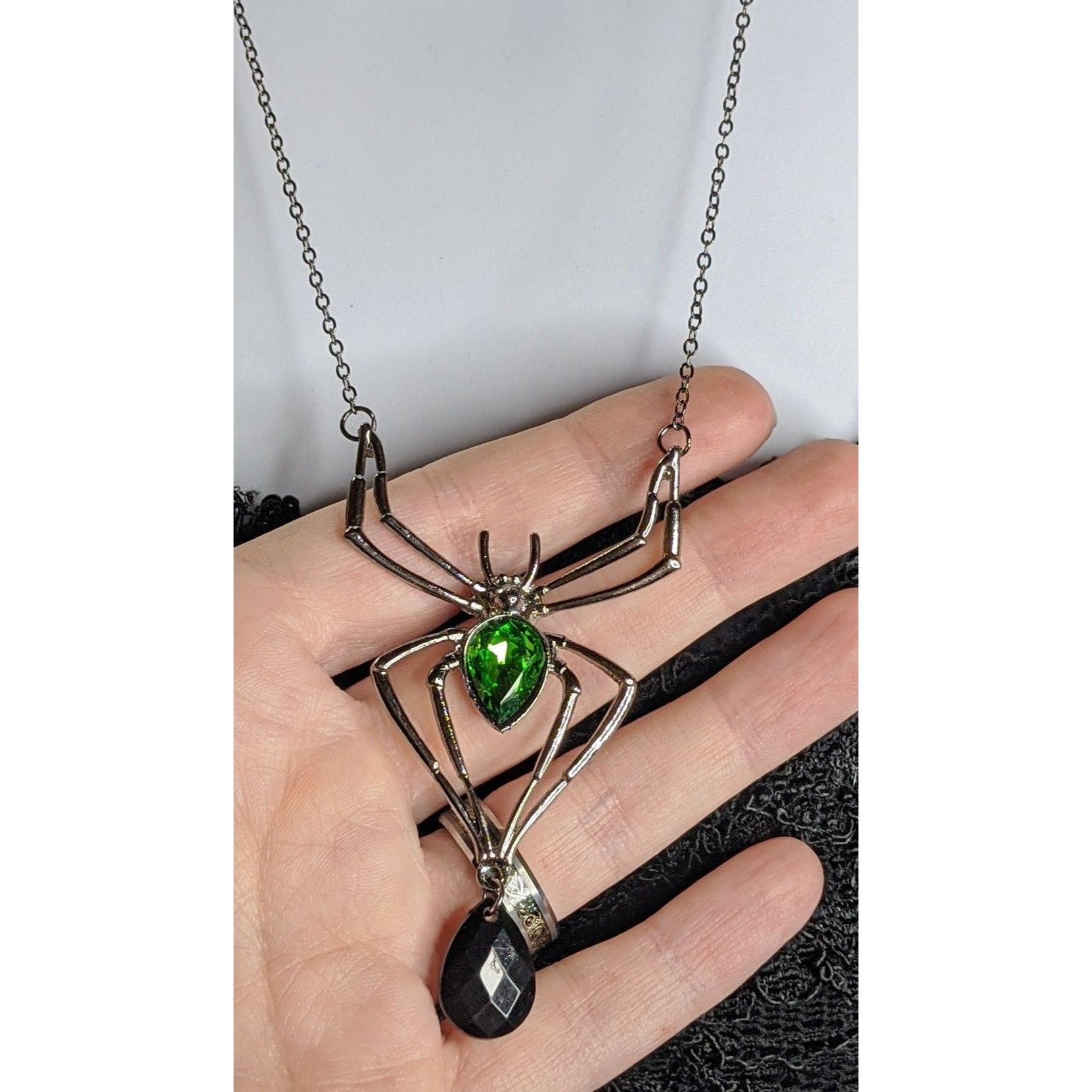 Other Gothic Spider Pendant Necklace With Green Gemstone & Black T Size ONE SIZE - 2 Thumbnail