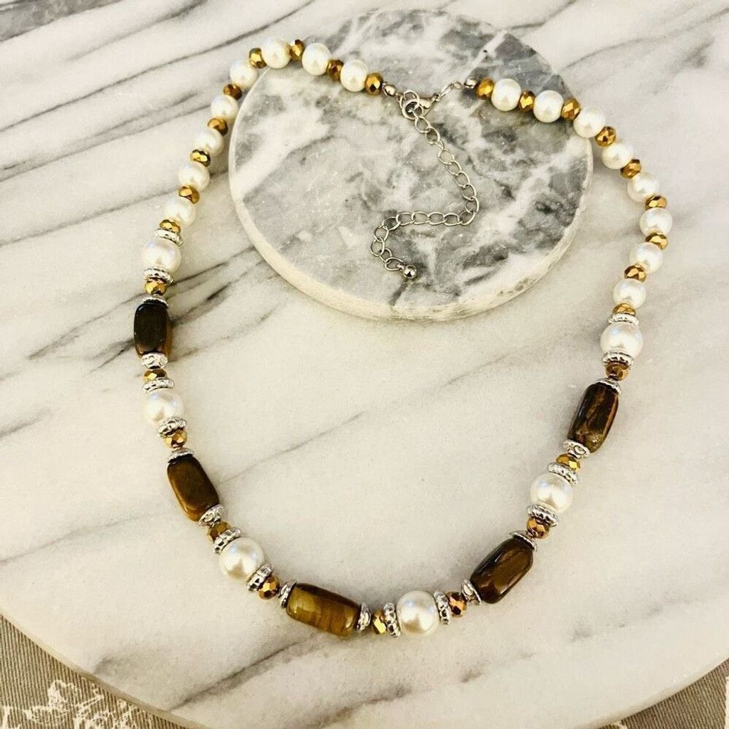 Jewelry Tigers Eye Stone and Simulated Pearl Necklace Beaded Size ONE SIZE - 1 Thumbnail