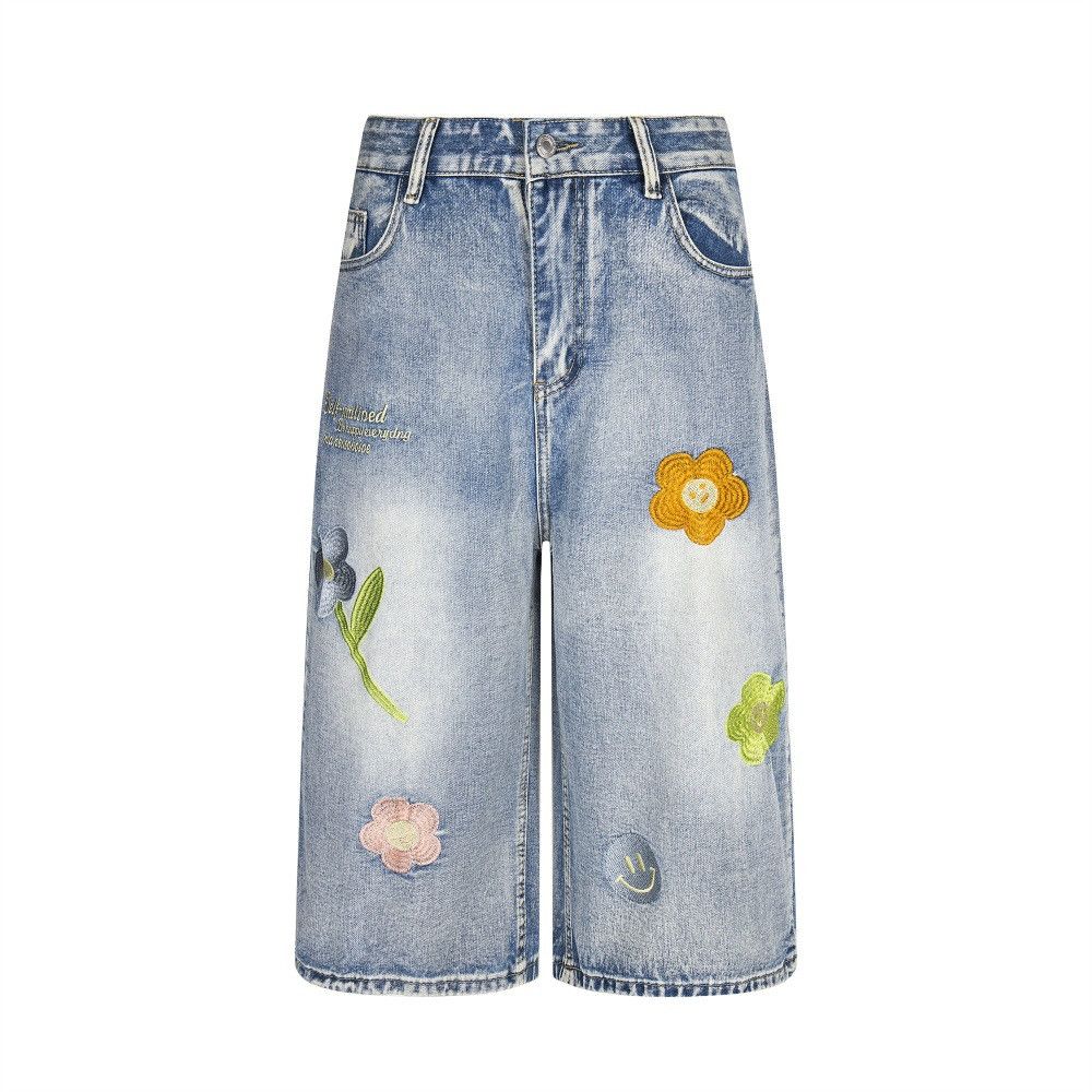 Japanese Brand × Vintage Men's hip-hop embroidered flower denim straight shorts Size US 32 / EU 48 - 1 Thumbnail