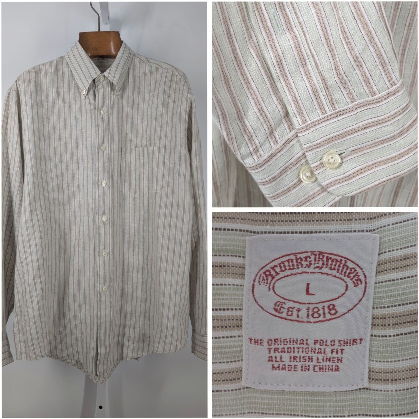 Brooks Brothers VINTAGE Brooks Brothers Shirt Men Large L Irish Linen Pistachio Brown Stripe Natural Beach Summer Flats? Size US L / EU 52-54 / 3 - 2 Thumbnail