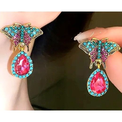 Handmade Butterfly Earrings Rhinestones Drop Dangle Crystal Accents A Size ONE SIZE - 4 Thumbnail