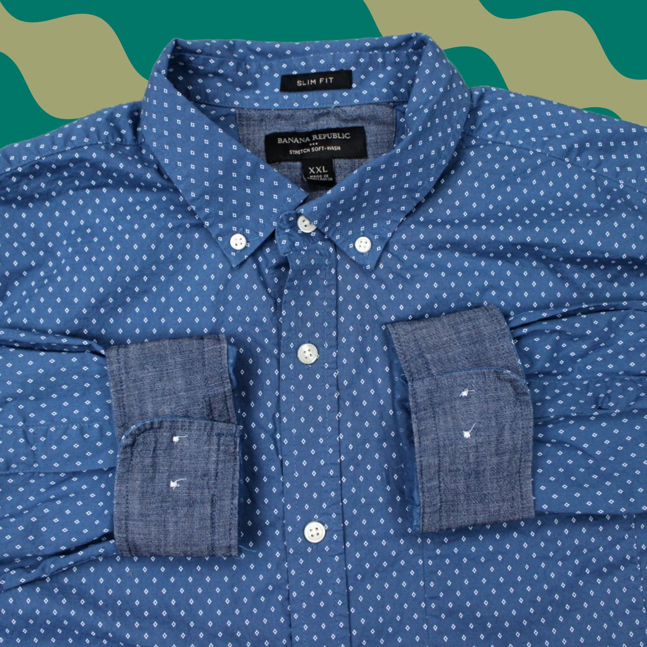 Banana Republic Banana Republic Shirt Men 2XL Blue Geometric L/S Button-Up Stretch 100% Cotton Slim Regular Vintage No Size US XXL / EU 58 / 5 - 1 Thumbnail