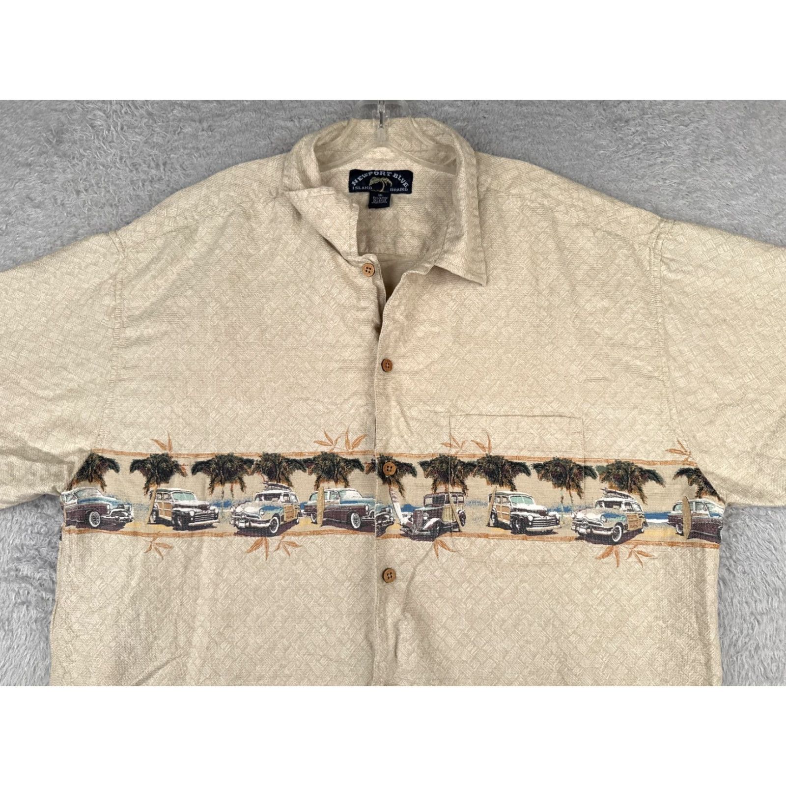Vintage Newport Blue Shirt Men 2XL Beige Button-Up Cotton Hawaiian Cars Floral Short Sleeve Size US XXL / EU 58 / 5 - 4 Thumbnail