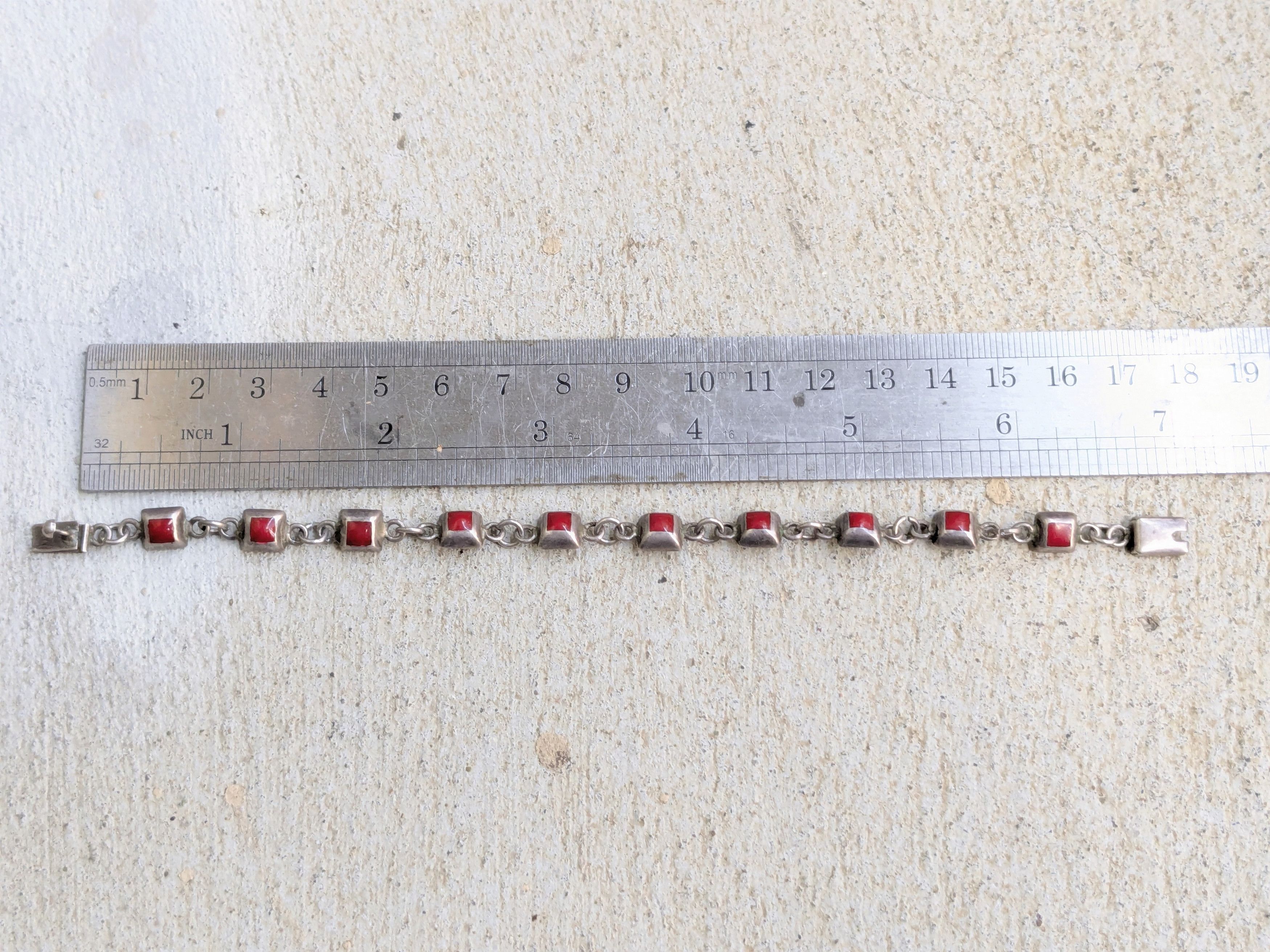 Jewelry Vintage Sterling Silver Bracelet Red Enamel Square Mexico Size ONE SIZE - 10 Thumbnail
