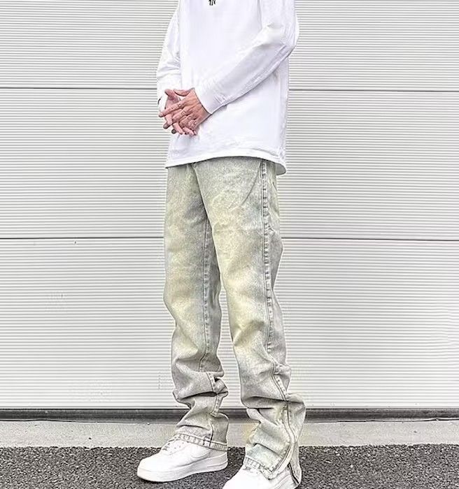 image of Distressed Denim Yellow Mud Dyed Zipper Split Straight Jeans in Grey, Men's (Size 32)