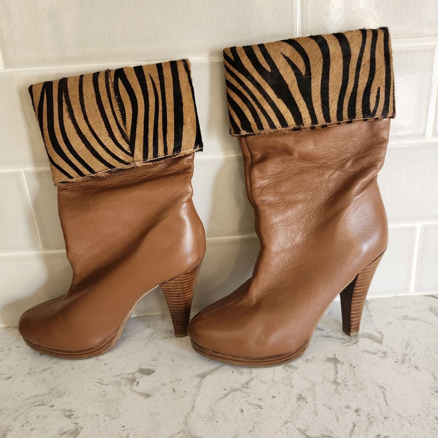 Vintage VINTAGE? Curations Women's Brown Zebra Leather Print Bootie - Size 7M - Leather Upper - Animal Print - Slip On - Heel 3in - Boot, Shoes Size US 8 / IT 38 - 2 Thumbnail