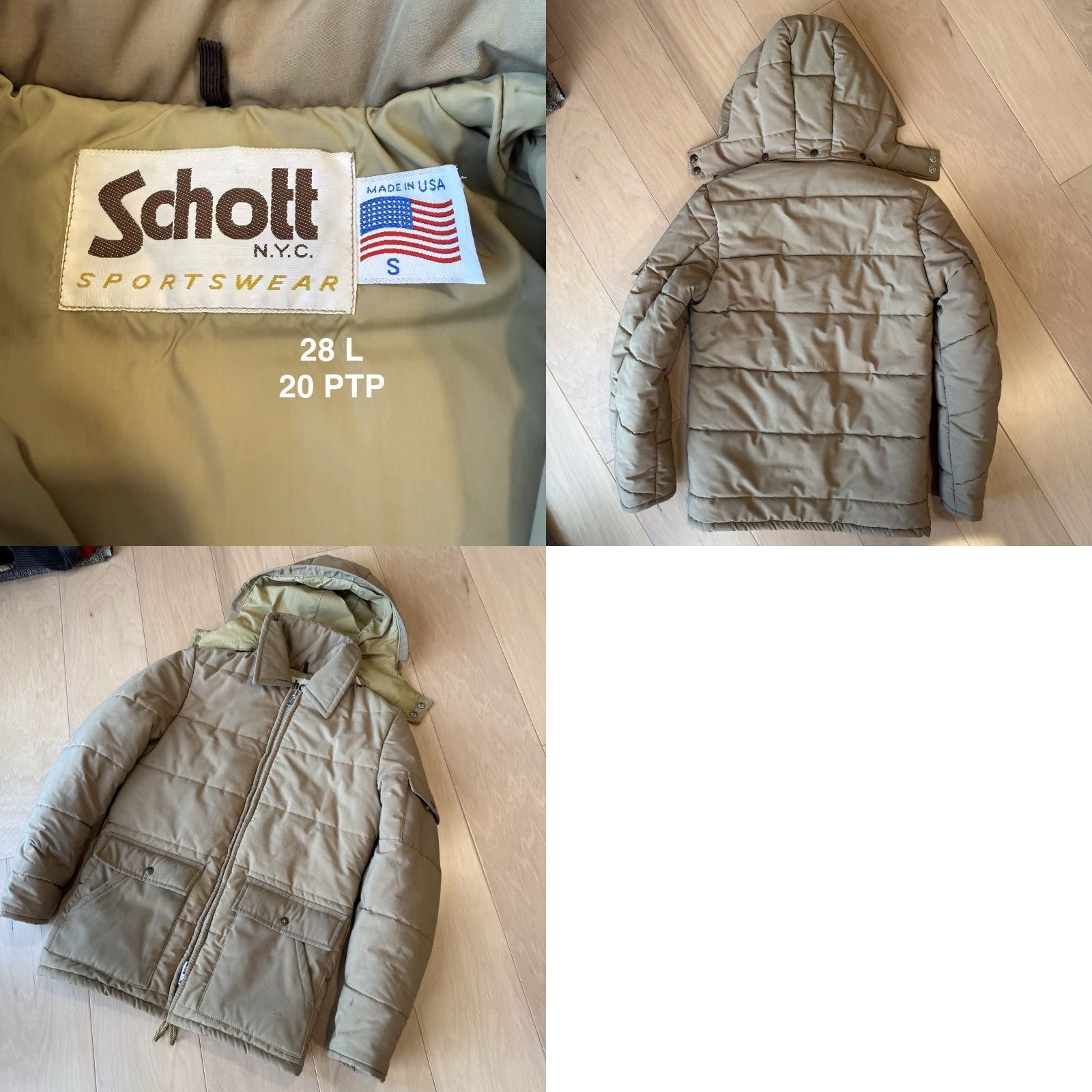 Schott VINTAGE Schott Puffer Jacket Small Jacket Men Beige 90s USA Parka Winter Quilted Insulated Zip Mid-Length Size US S / EU 44-46 / 1 - 8 Thumbnail