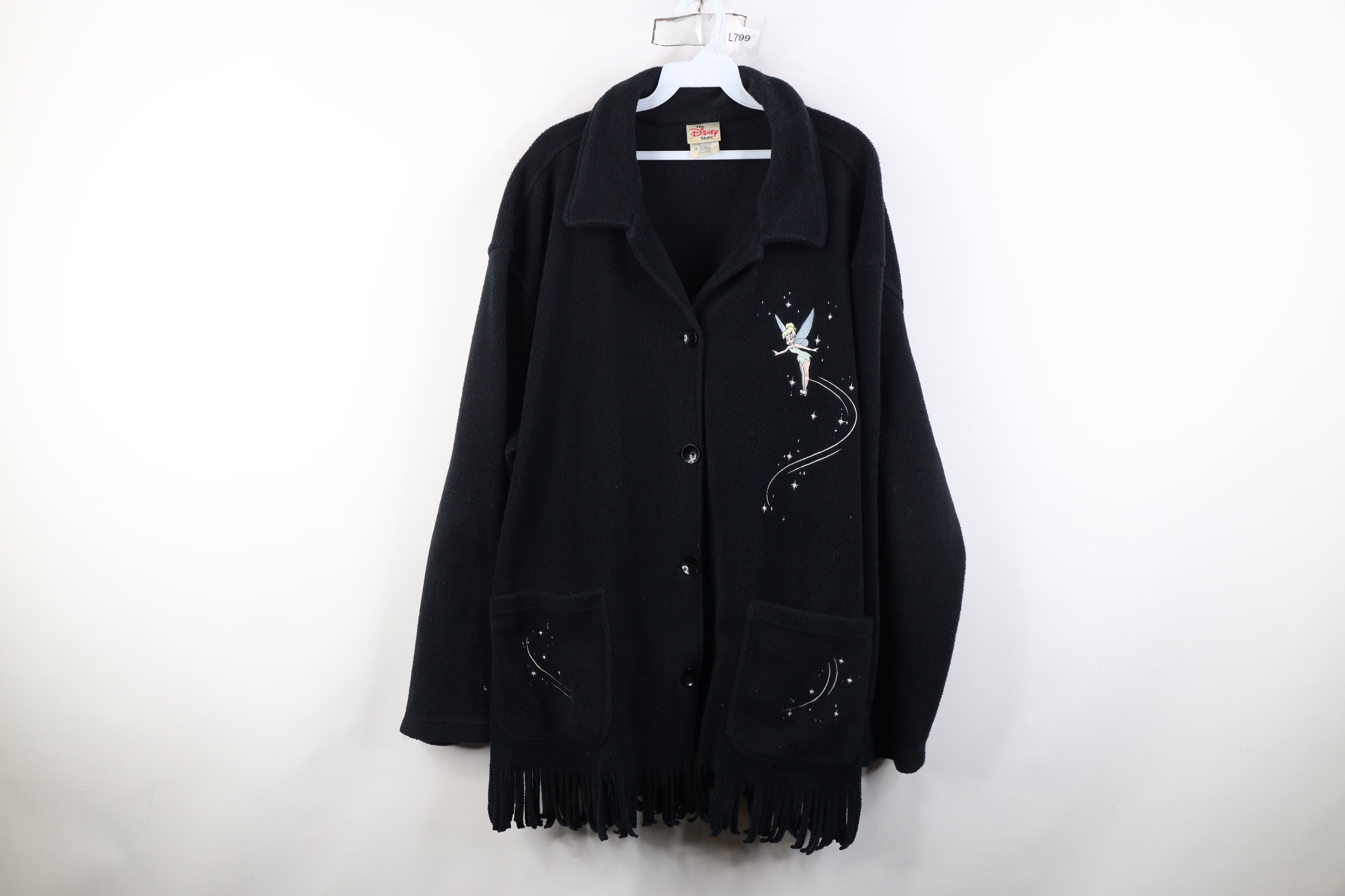Disney Vintage 90s Disney Tinker Bell Fringed Fleece Jacket Black Size XXL / US 16-18 / IT 52-54 - 1 Thumbnail