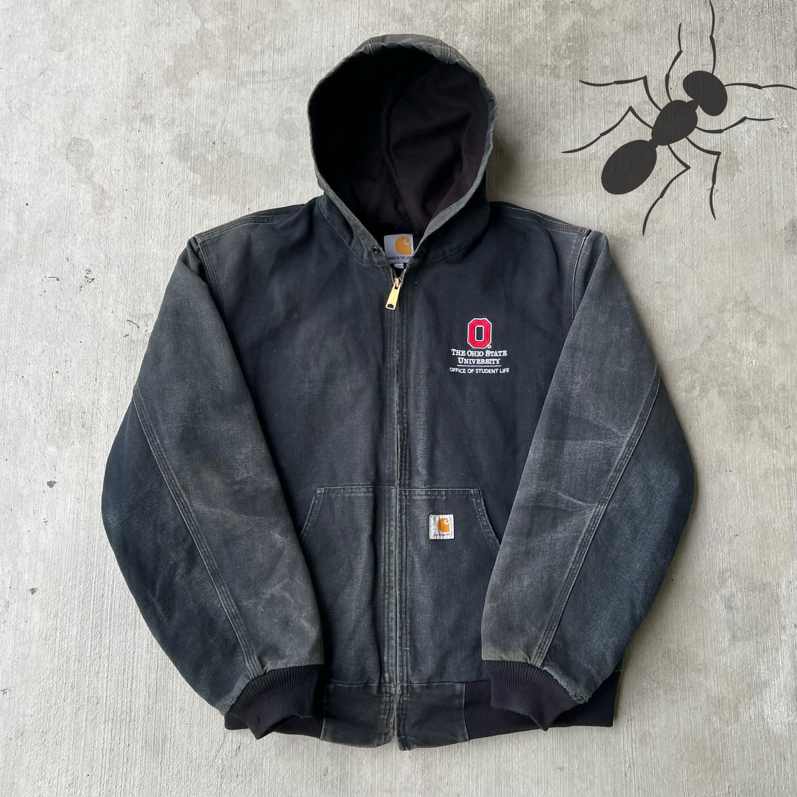Carhartt J131 BLK faded black Ohio State hooded work jacket