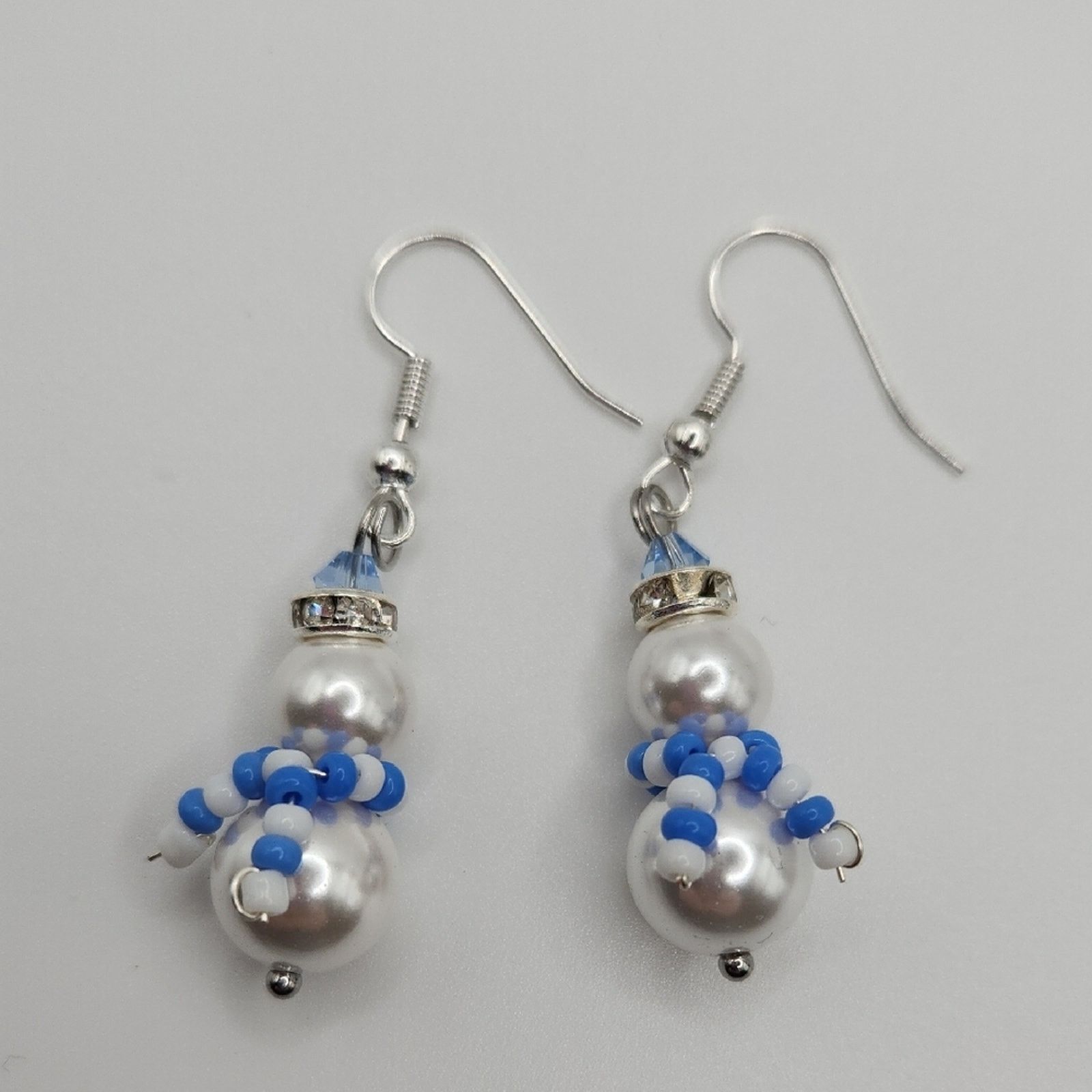 Other White and Blue Beaded Snowman Earrings Handmade Crystal Size ONE SIZE - 2 Thumbnail