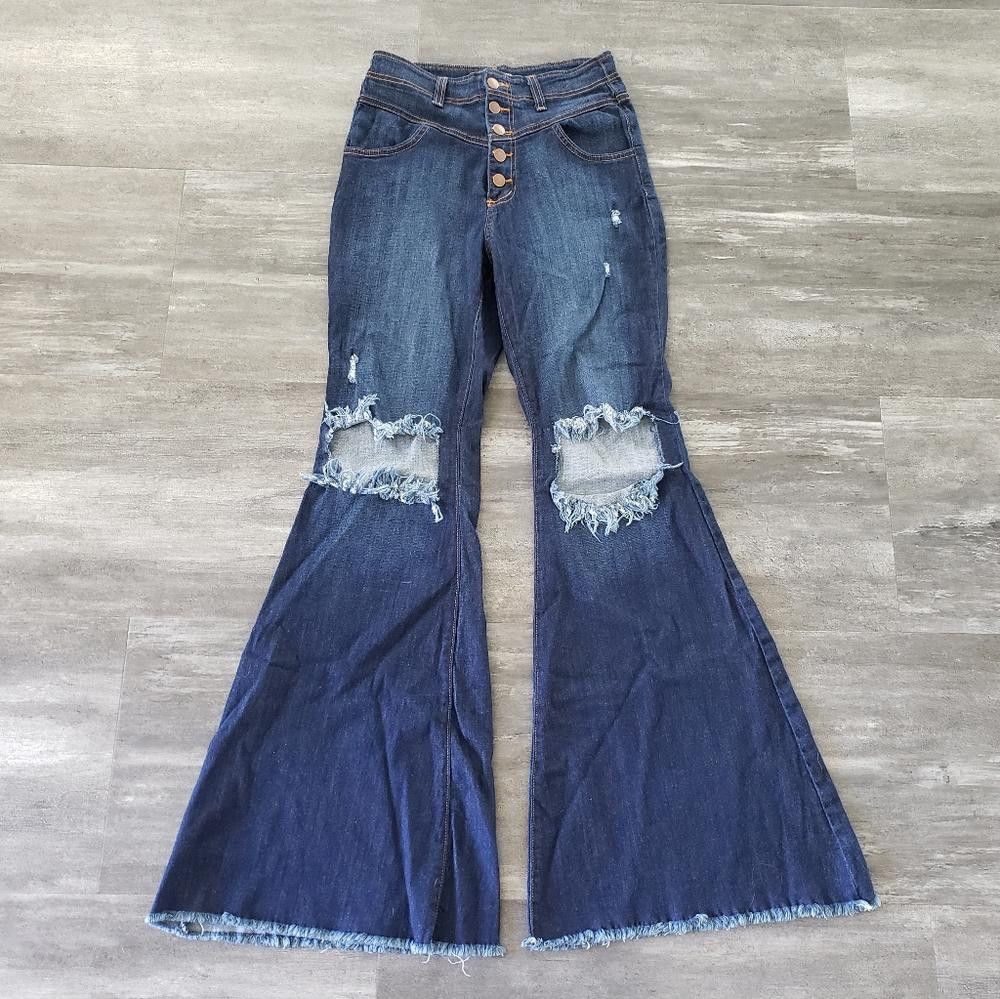 Dark Denim FN Button Detailed Flare Jean