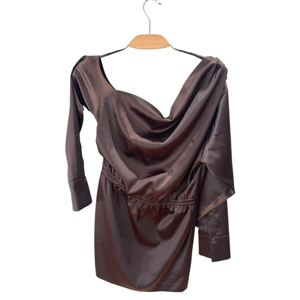 Maniere De Vior NEW Manière De Voir Brown Off Shoulder Satin Dress EU 42 Size L / US 10 / IT 46 - 5 Thumbnail