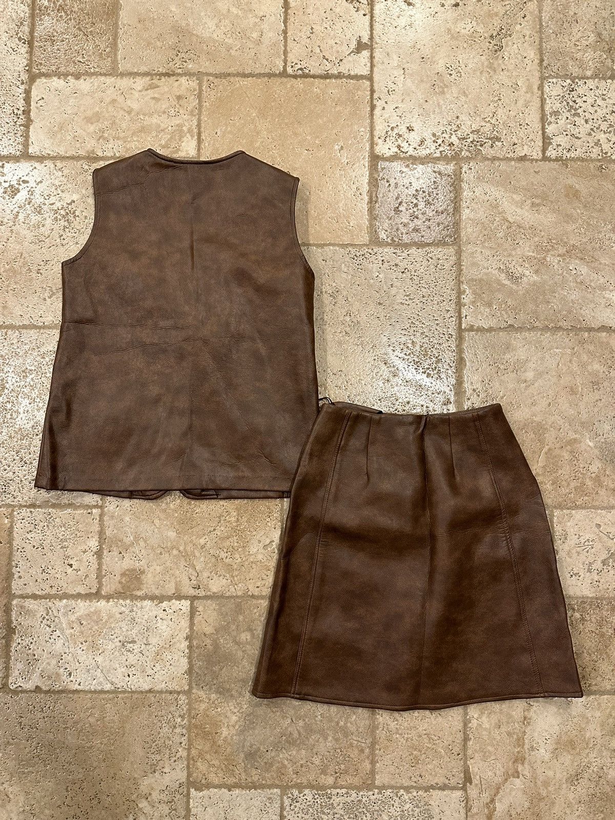 Leather Vintage Union Made Brown Leather Skirt & Vest Size M / US 6-8 / IT 42-44 - 3 Thumbnail