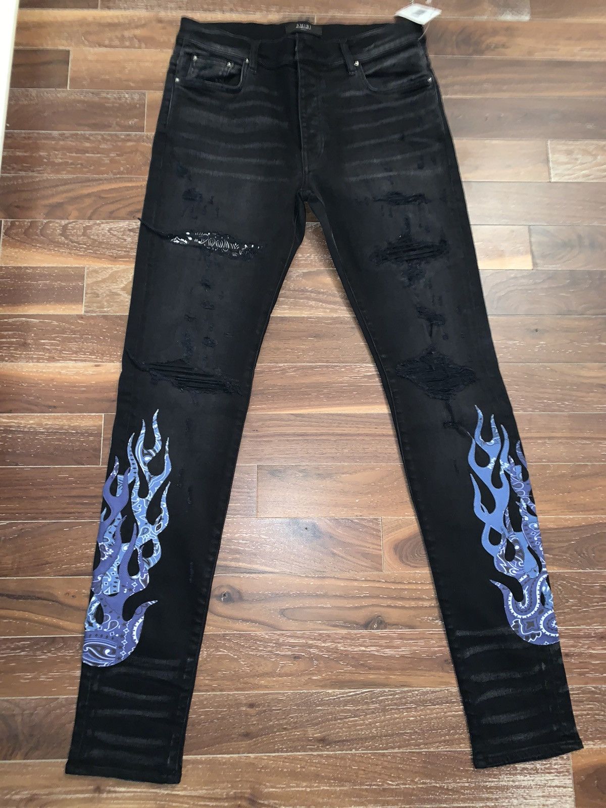 image of Amiri Black Bandana Flame Denim Jeans 34, Men's