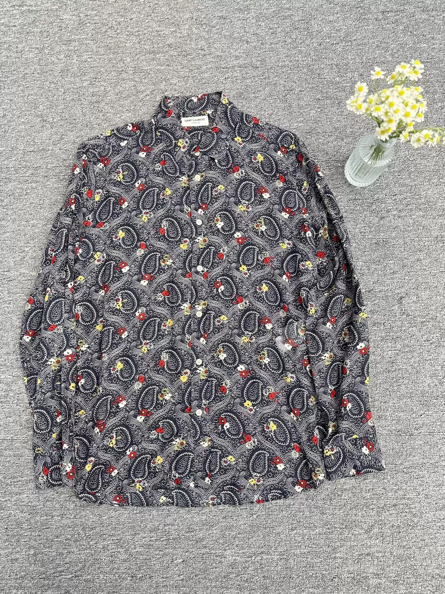 Saint Laurent slp15ss western style organza mulberry silk paisley cashew flower shirt