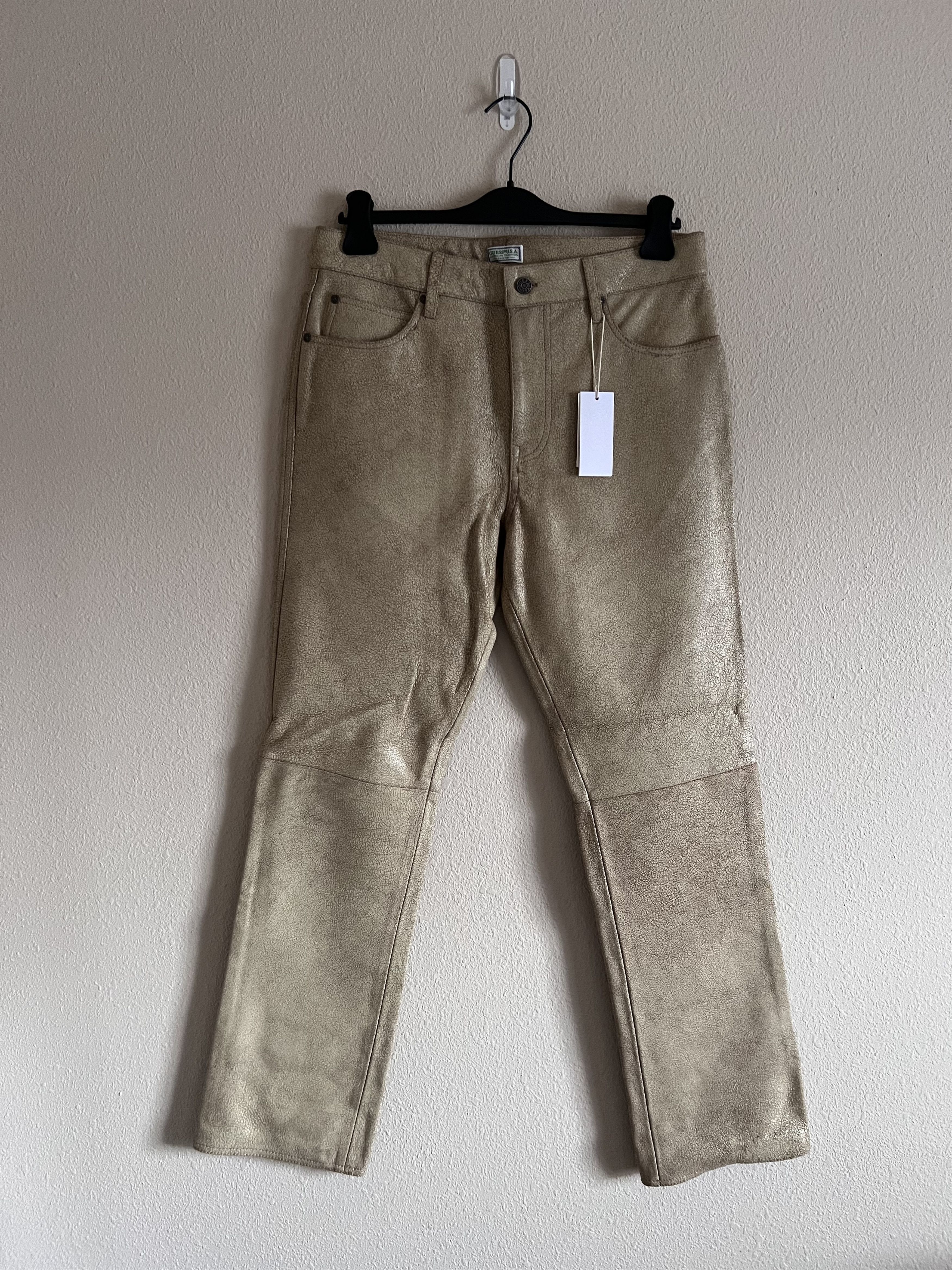 image of Guess Usa Cracked Leather Flared Pants In Khaki, Men's (Size 30)