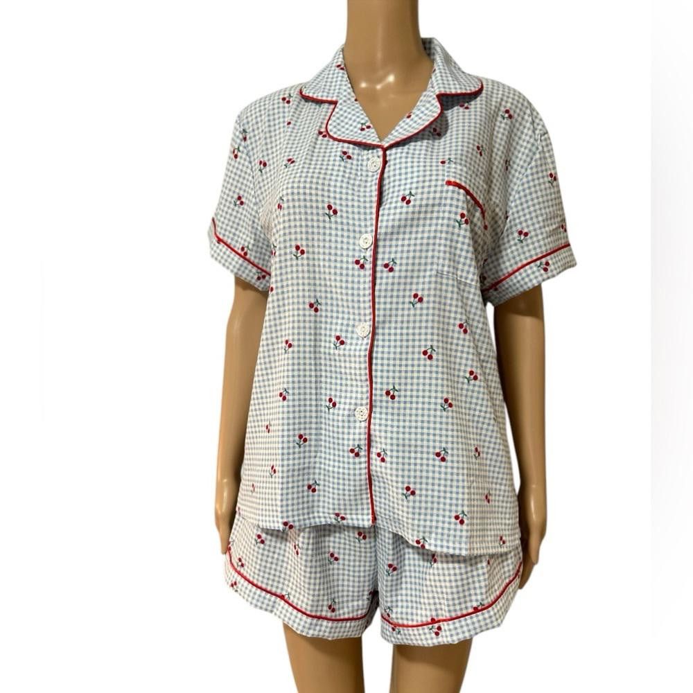 Designer Women's Blue and Red Checkered Pajama Set Size ONE SIZE - 1 Thumbnail