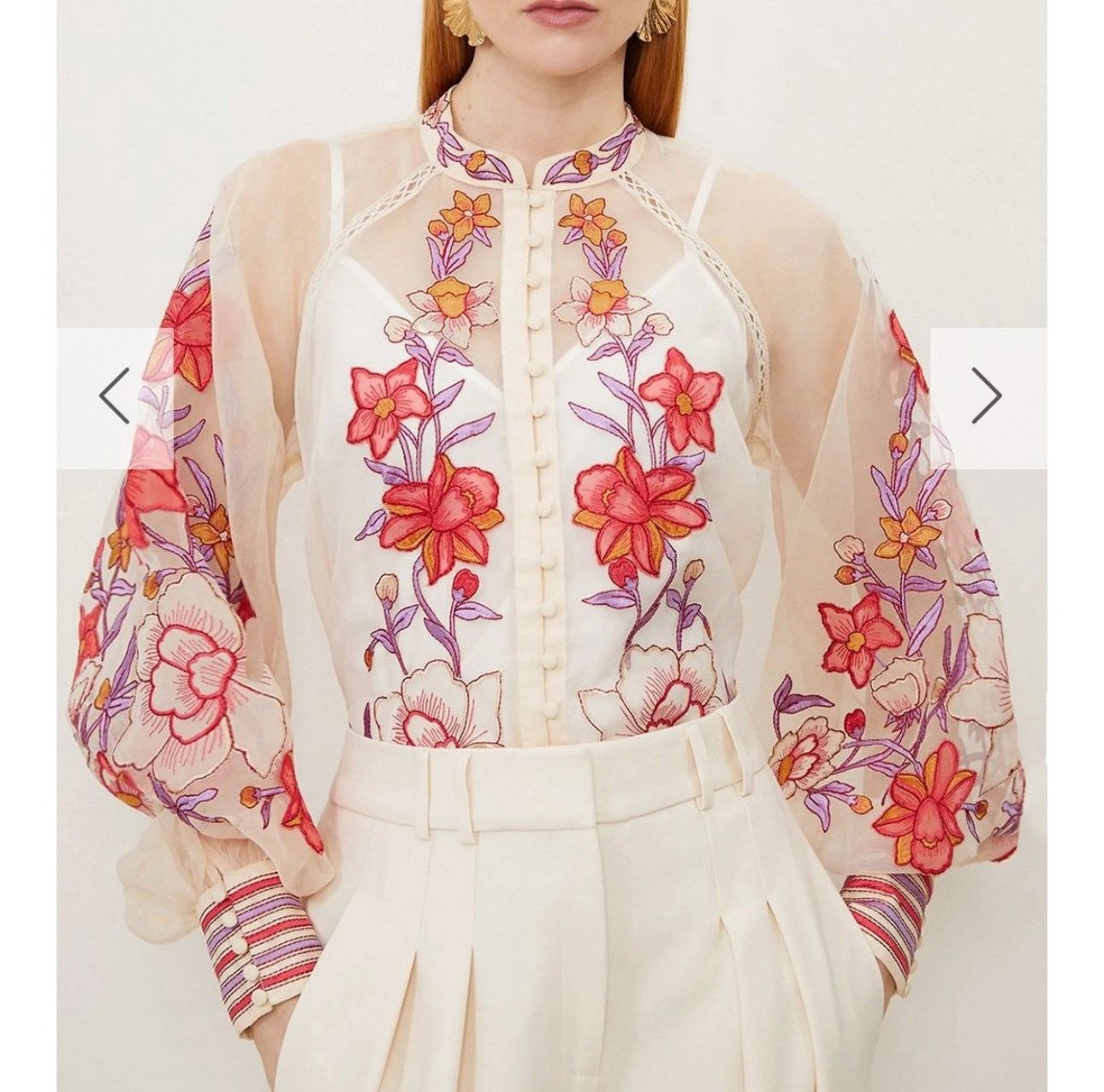 Karen Millen Floral Placed Embroidery Organdie Woven Blouse Size M / US 6-8 / IT 42-44 - 1 Thumbnail